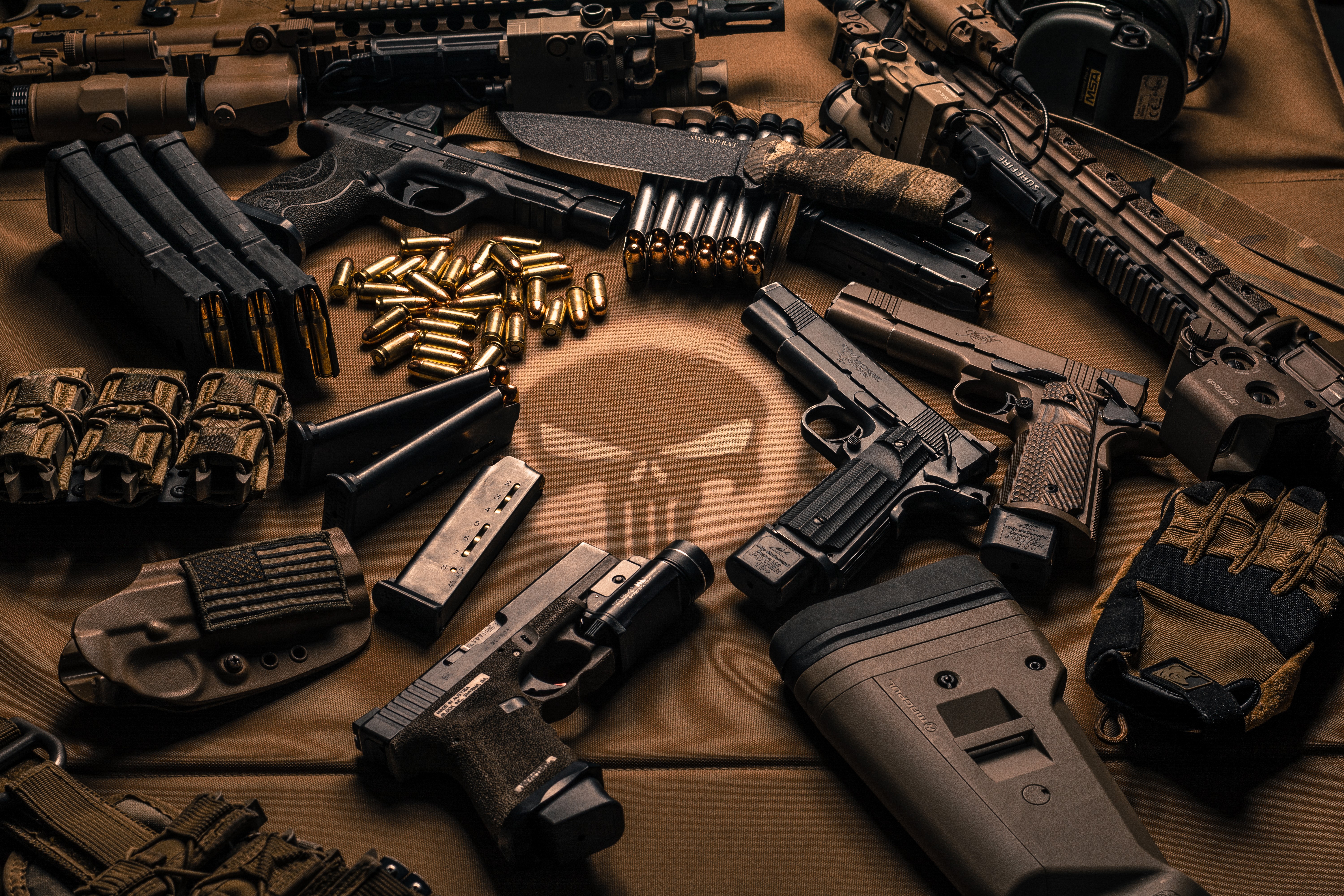 Pistols, Cartridges, and Knife with Punisher Skull HD Wallpaper