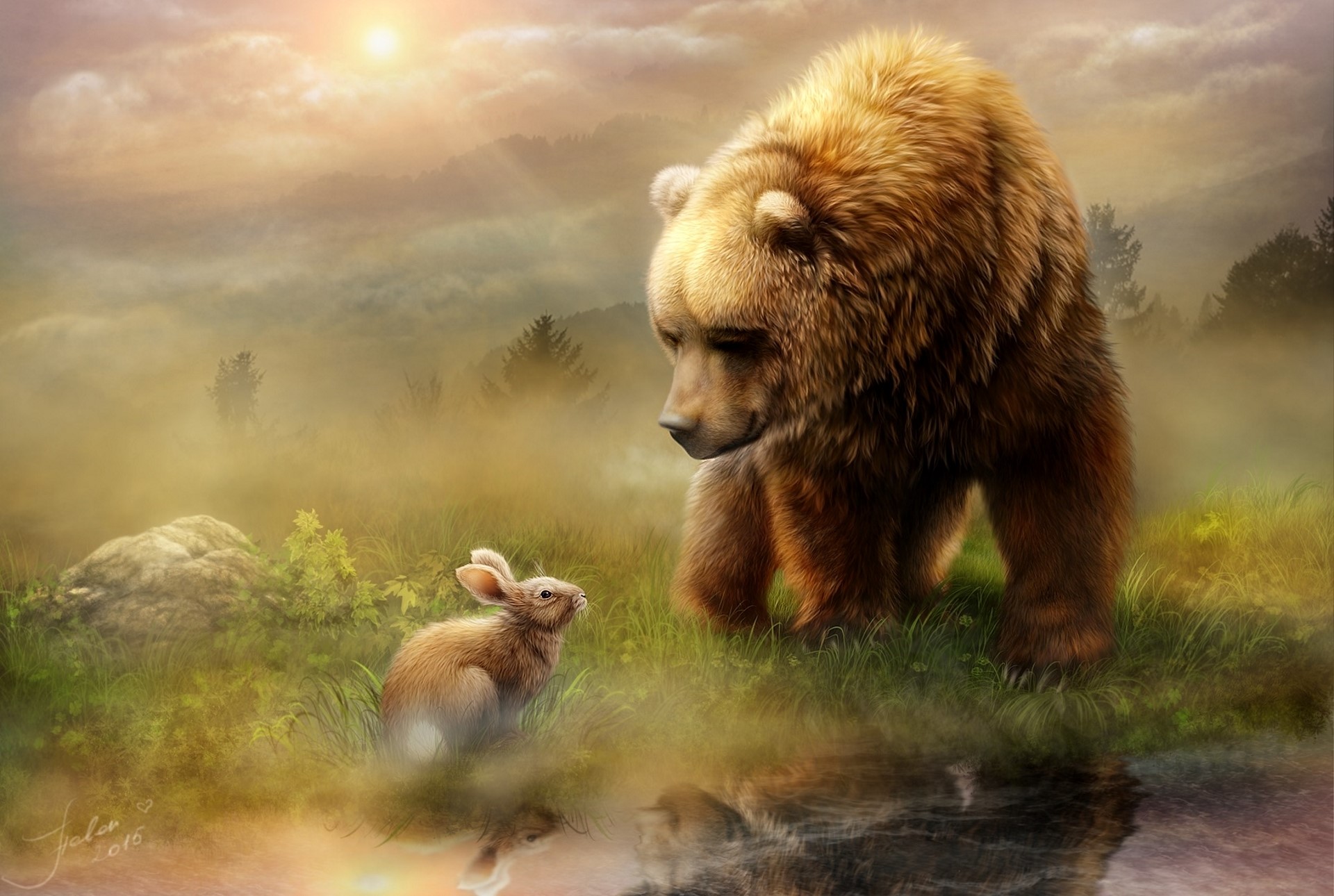 Bear and rabbit in a foggy landscape HD Wallpaper