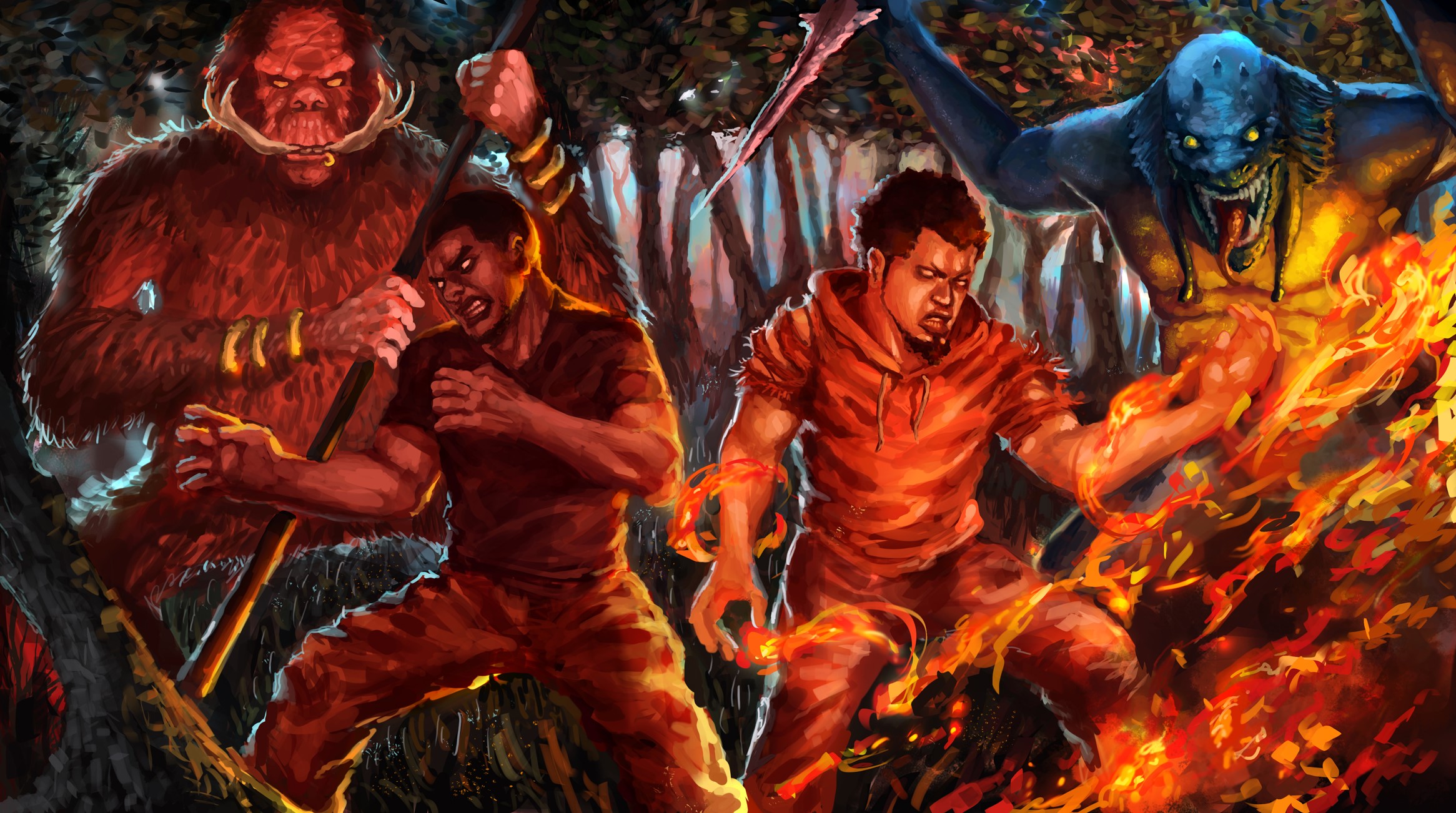 Men fighting monsters in a forest with fire HD Wallpaper