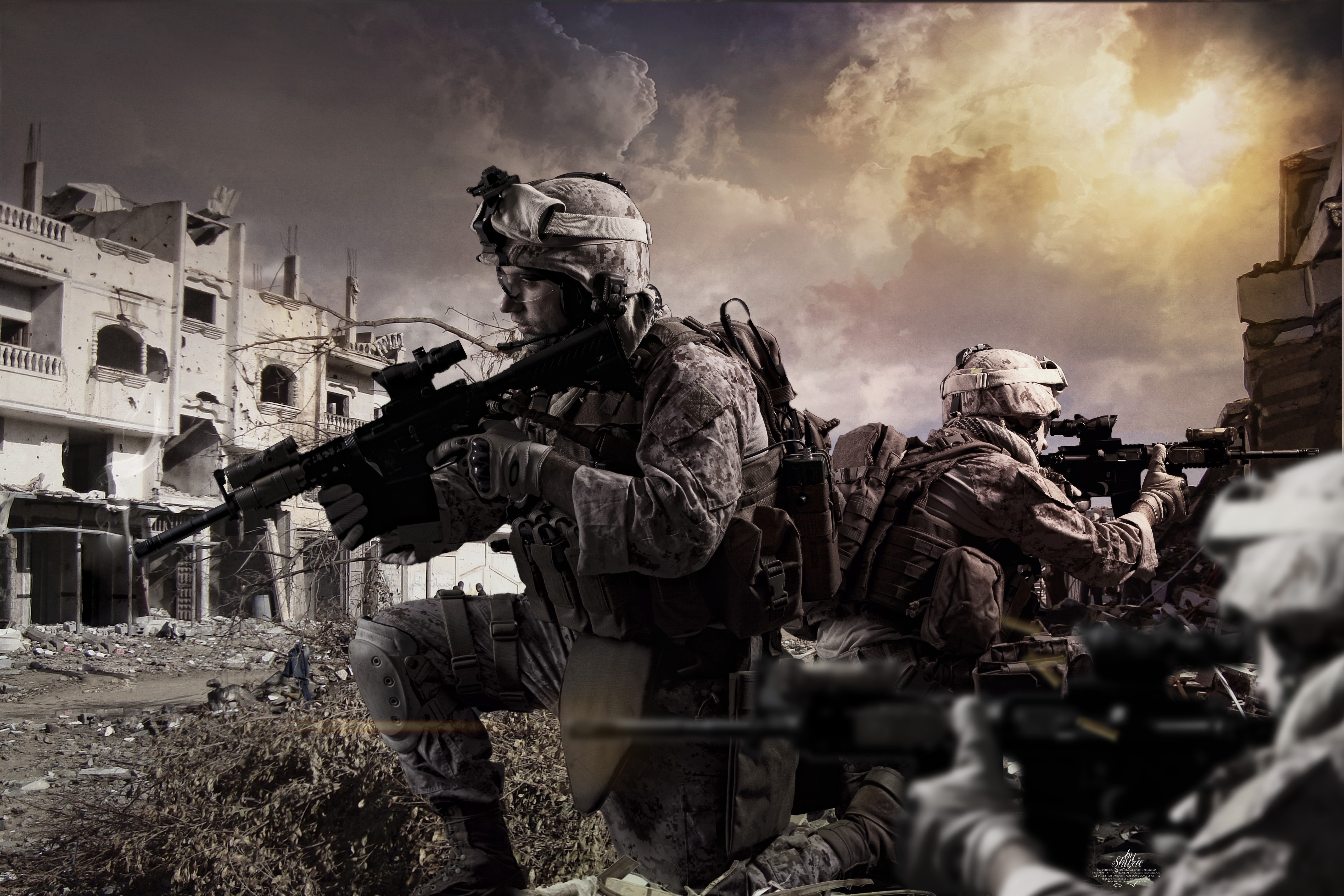 Soldiers with Rifles in Destroyed City HD Wallpaper