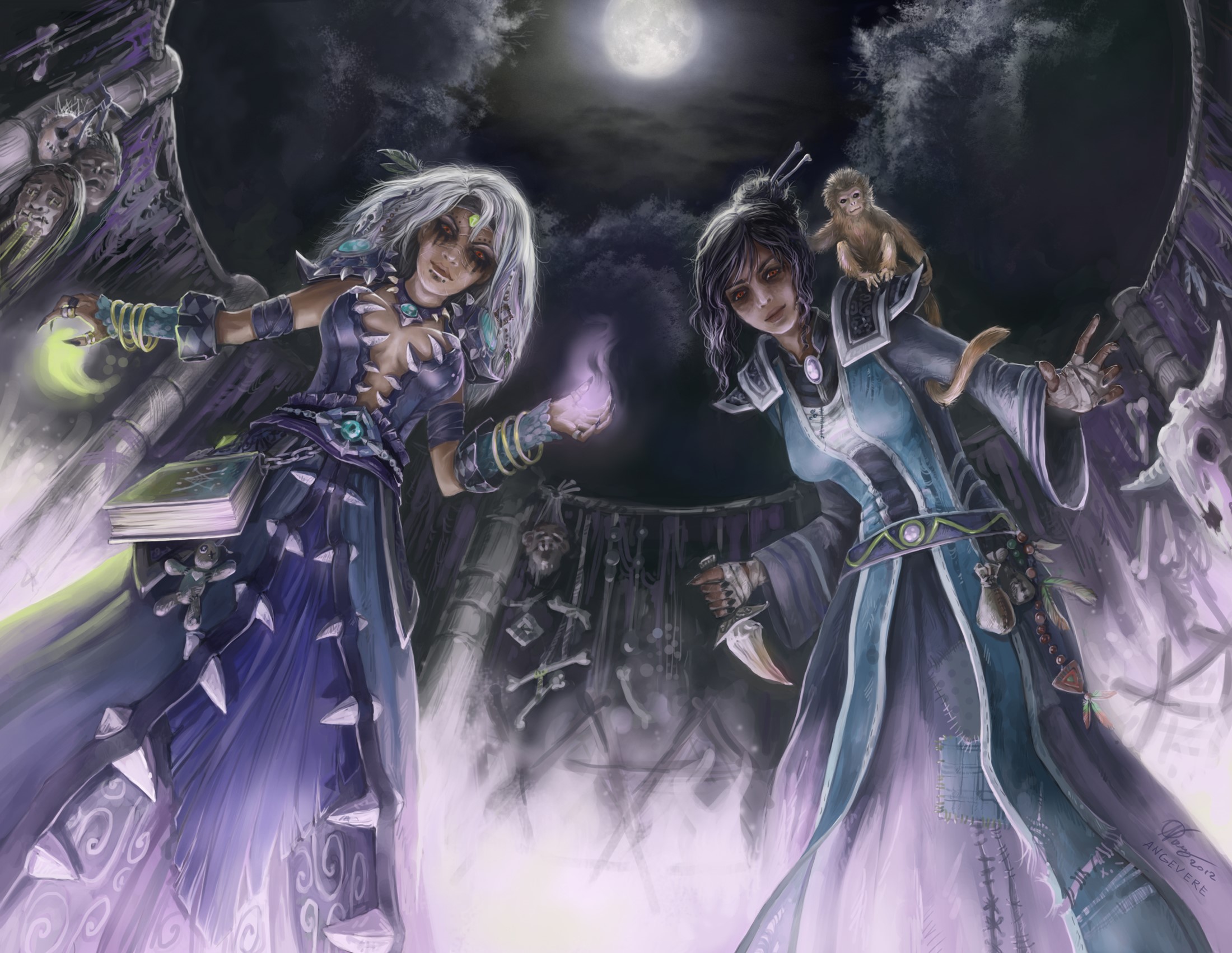 Two sorceresses with a monkey in a dark ritualistic setting HD Wallpaper