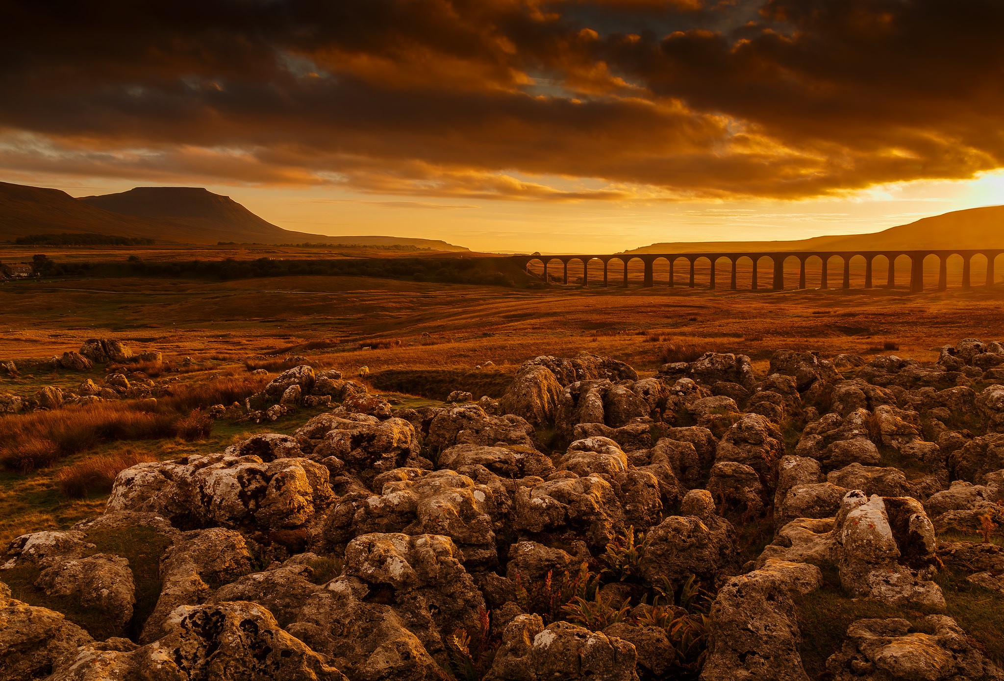 Stone Viaduct in a Rural Landscape at Sunset HD Wallpaper