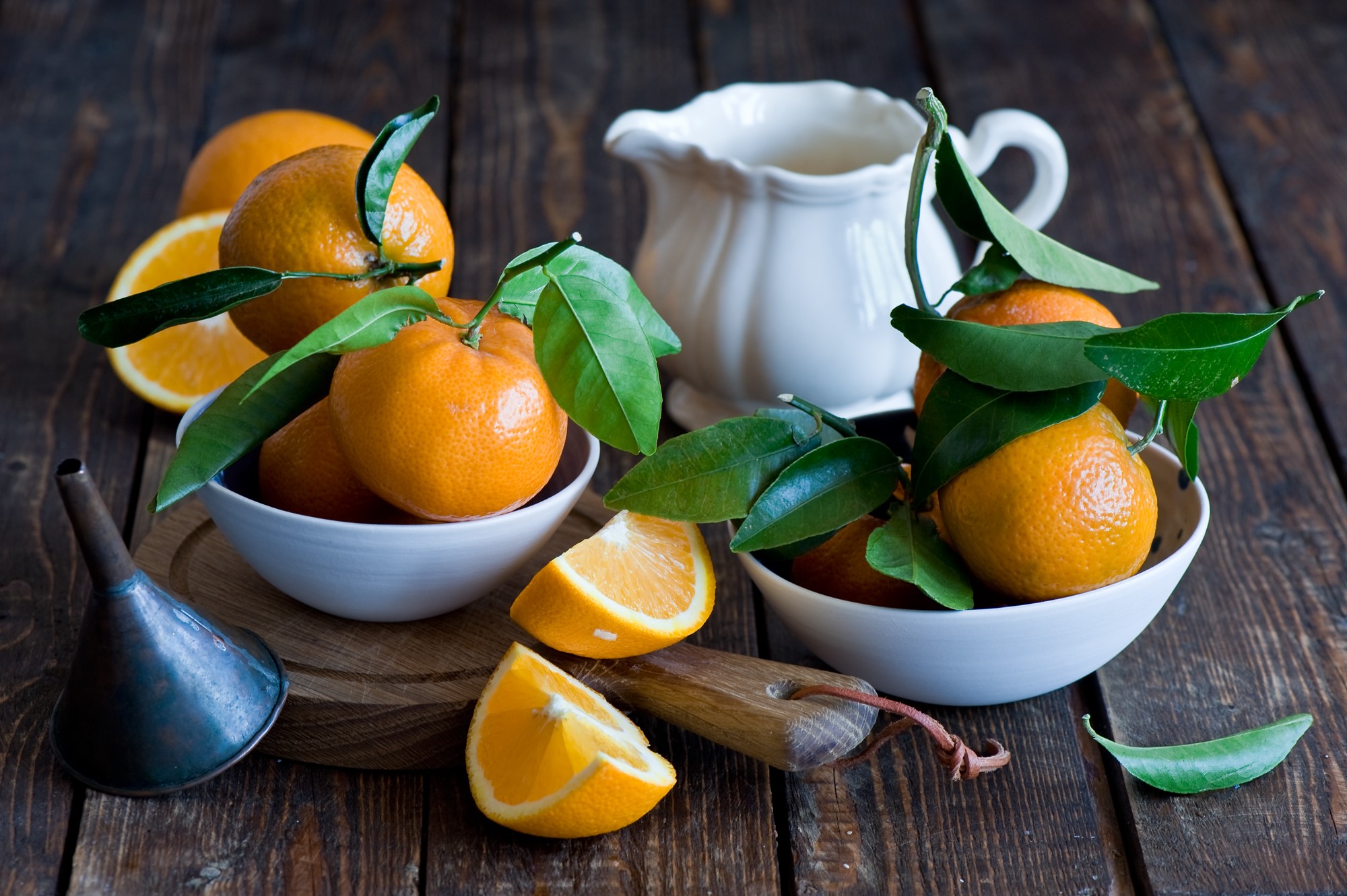 Mandarins in bowls with a pitcher and funnel HD Wallpaper