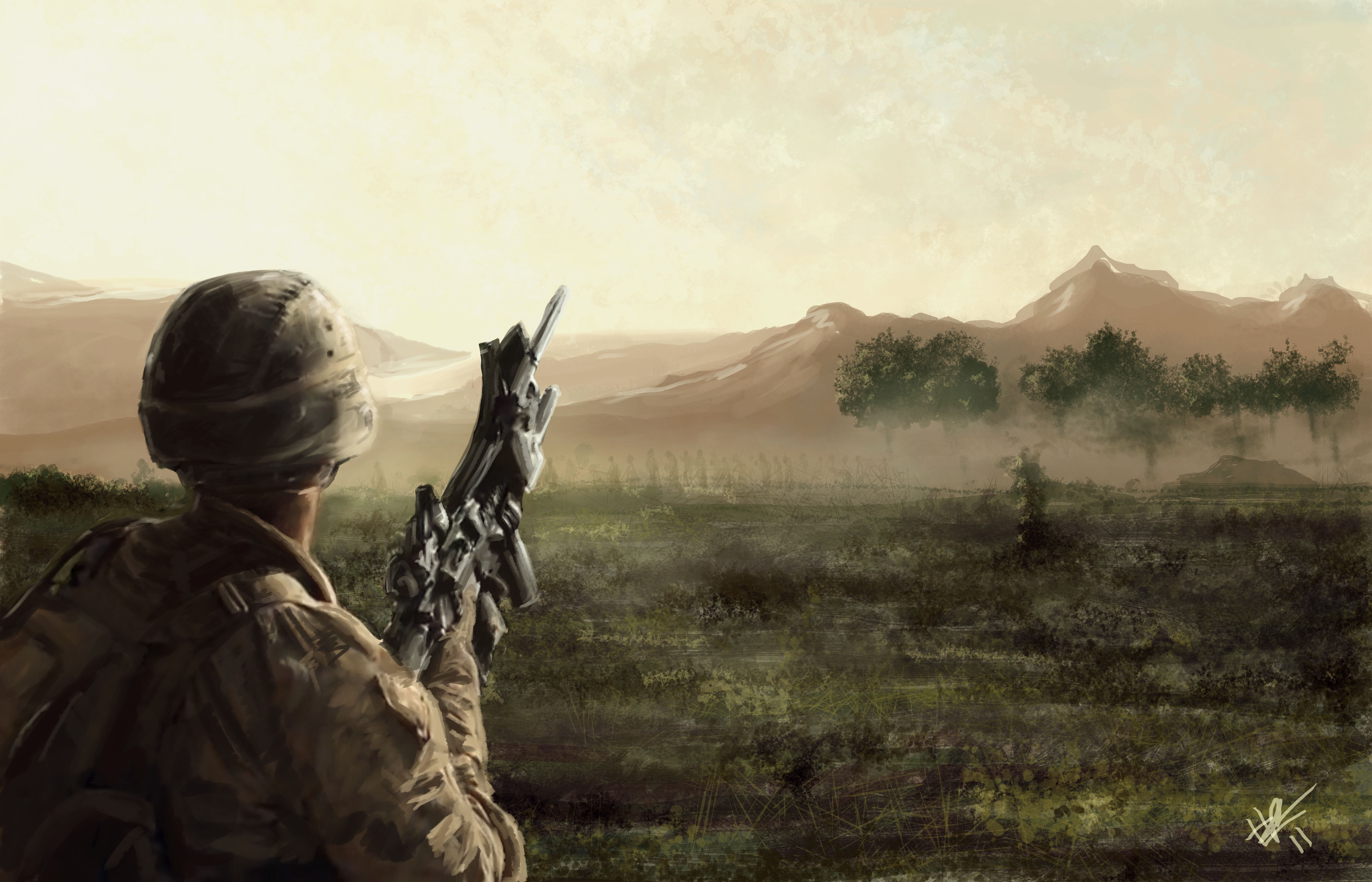 Soldier with rifle in a misty landscape HD Wallpaper