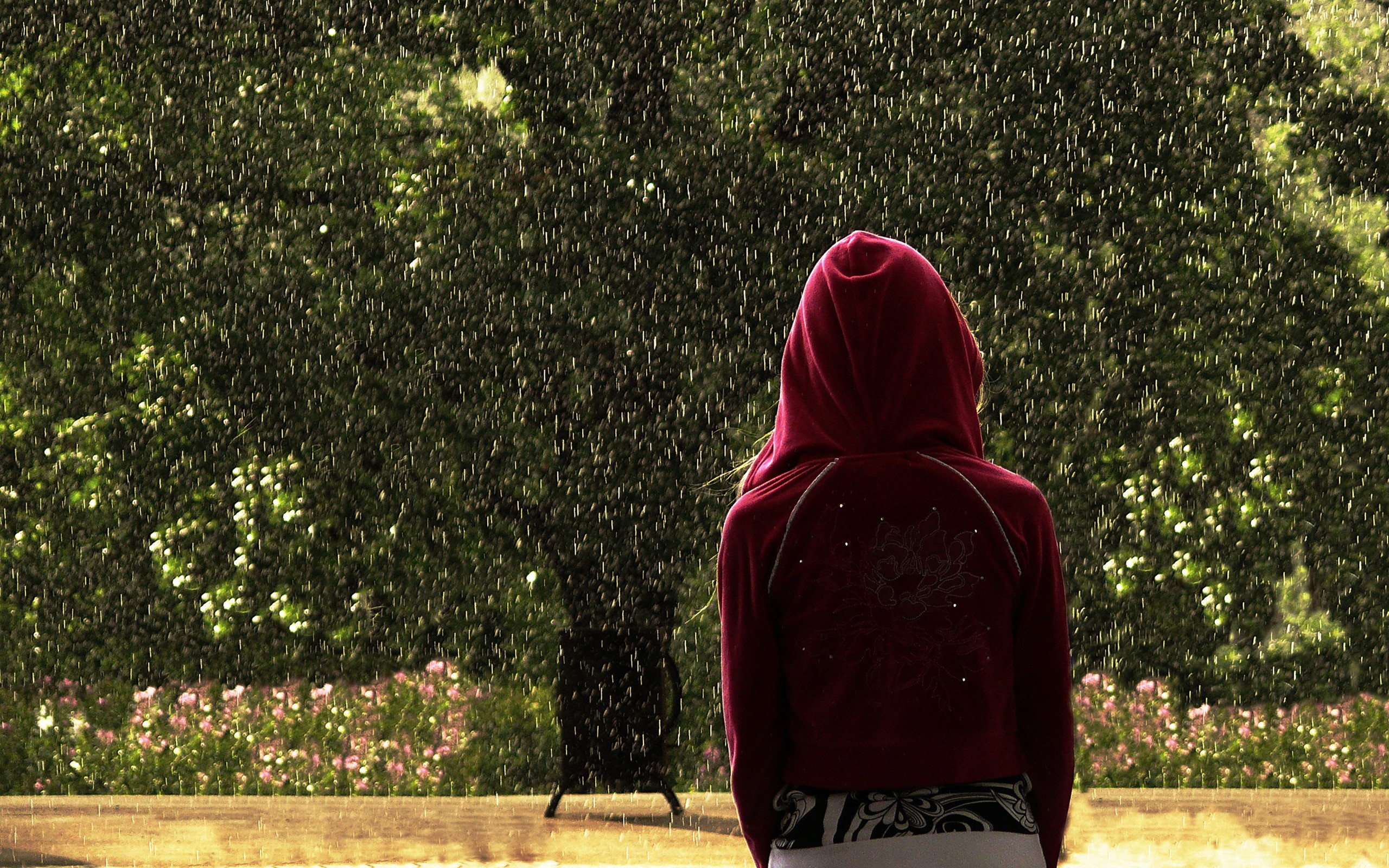 Girl in red hoodie standing in the rain HD Wallpaper
