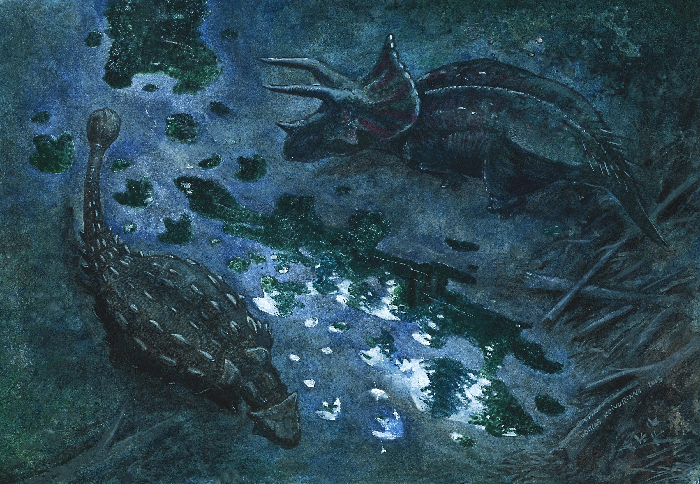 Triceratops and Ankylosaurus in a swampy environment HD Wallpaper