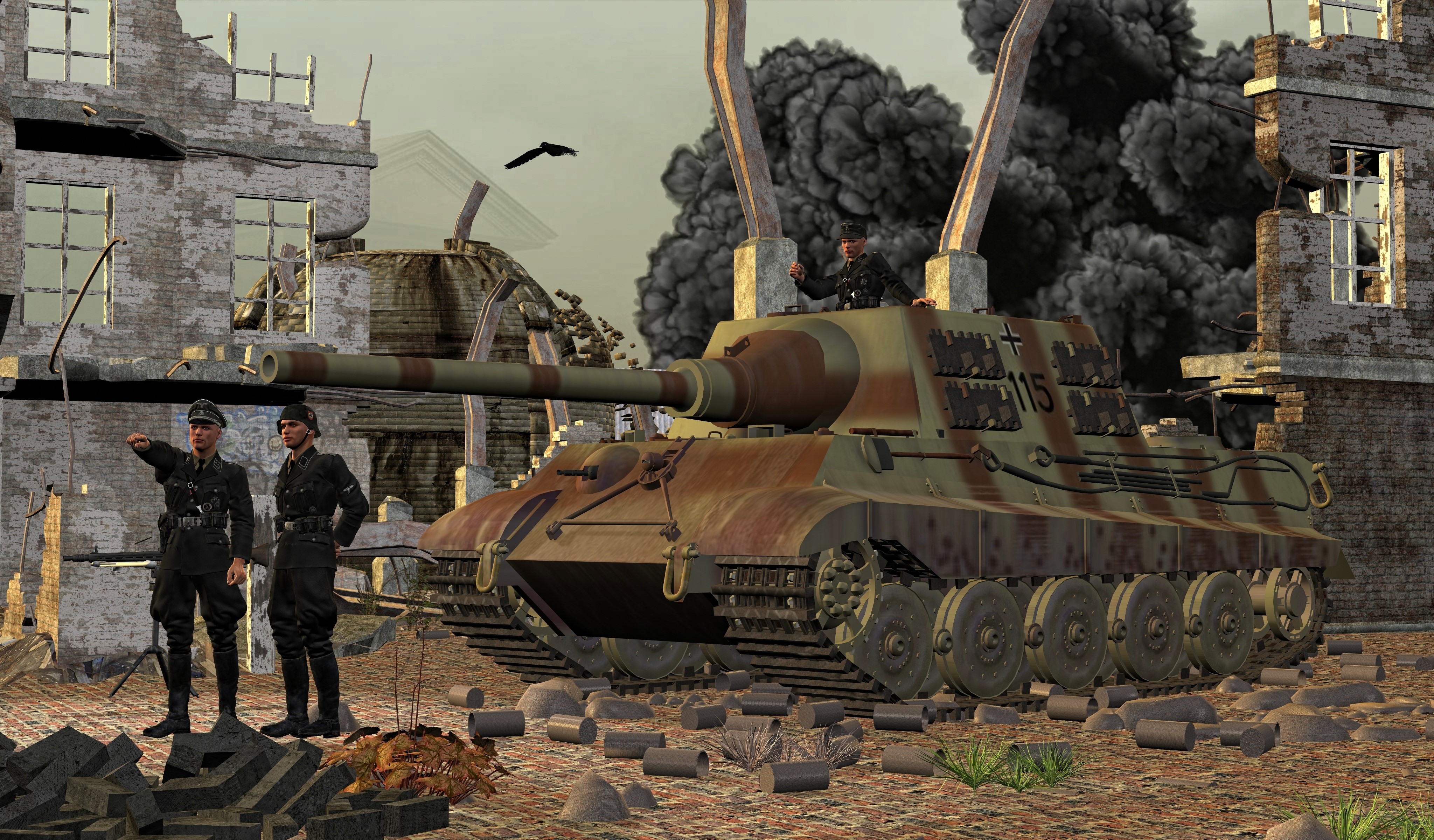 4K Jagdtiger SPG with Soldiers in Ruined City HD Wallpaper