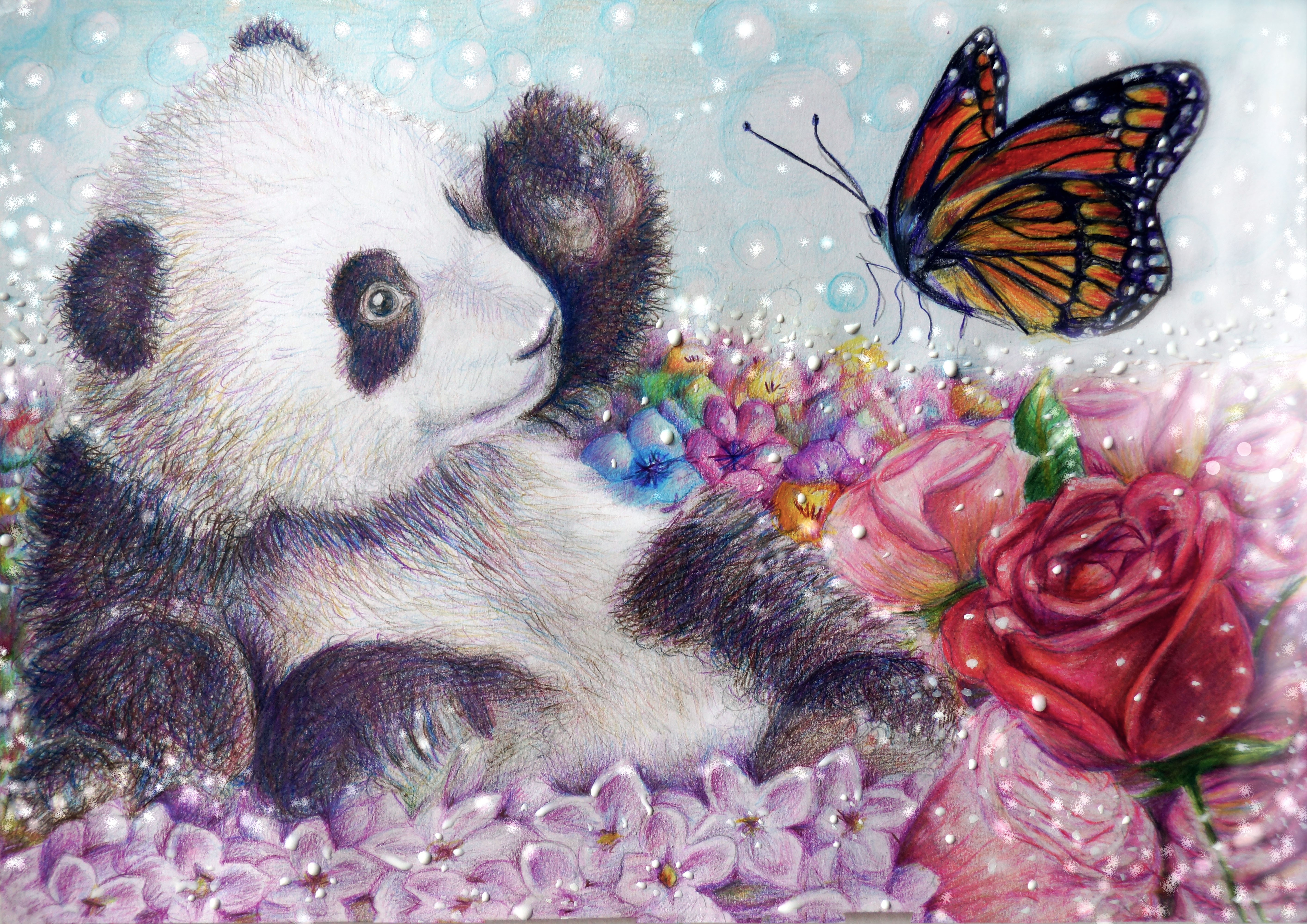 Panda and Butterfly in Flowers Painting Art HD Wallpaper