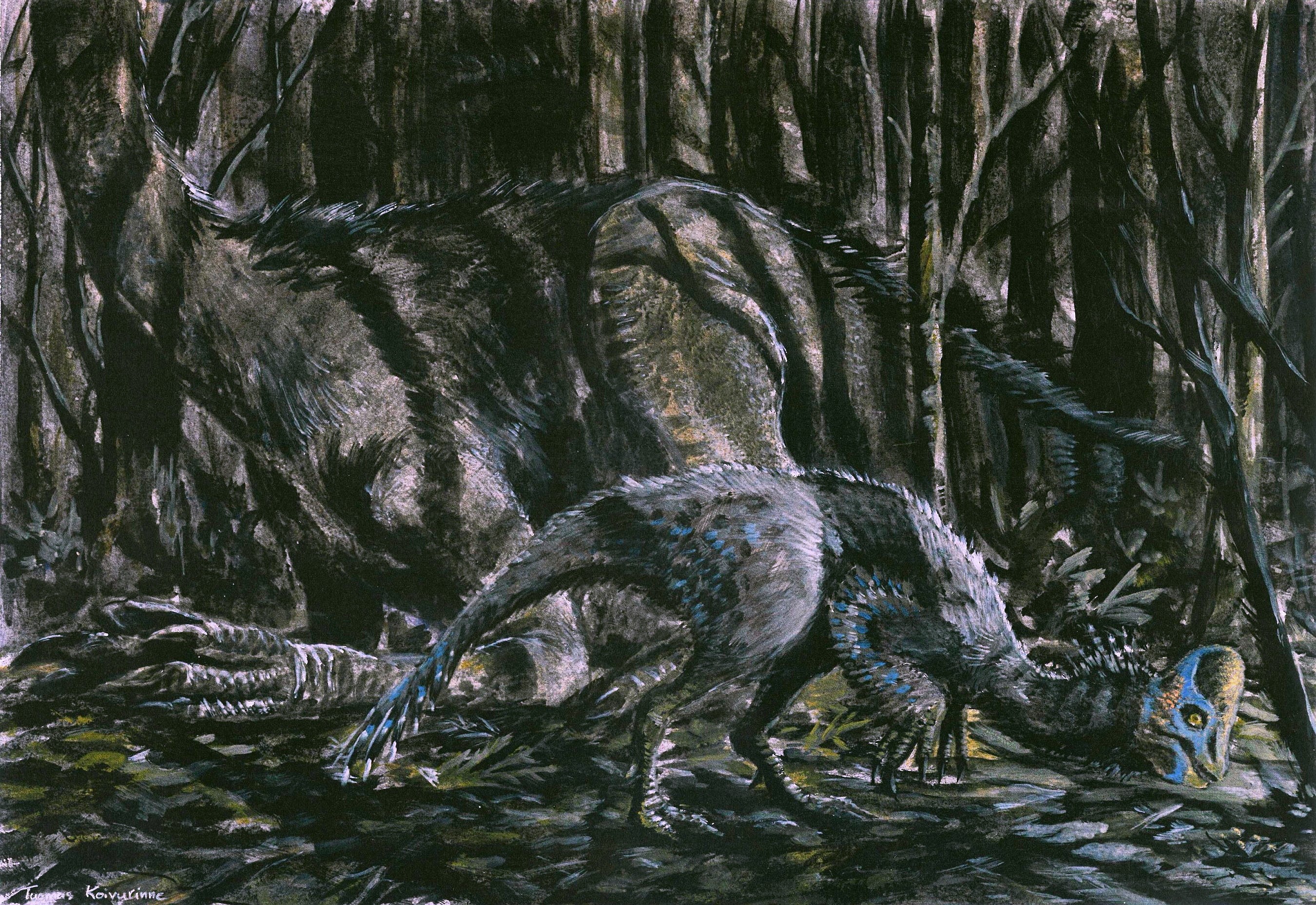 Dinosaurs in a dark forest by Tuomas Koivurinne HD Wallpaper