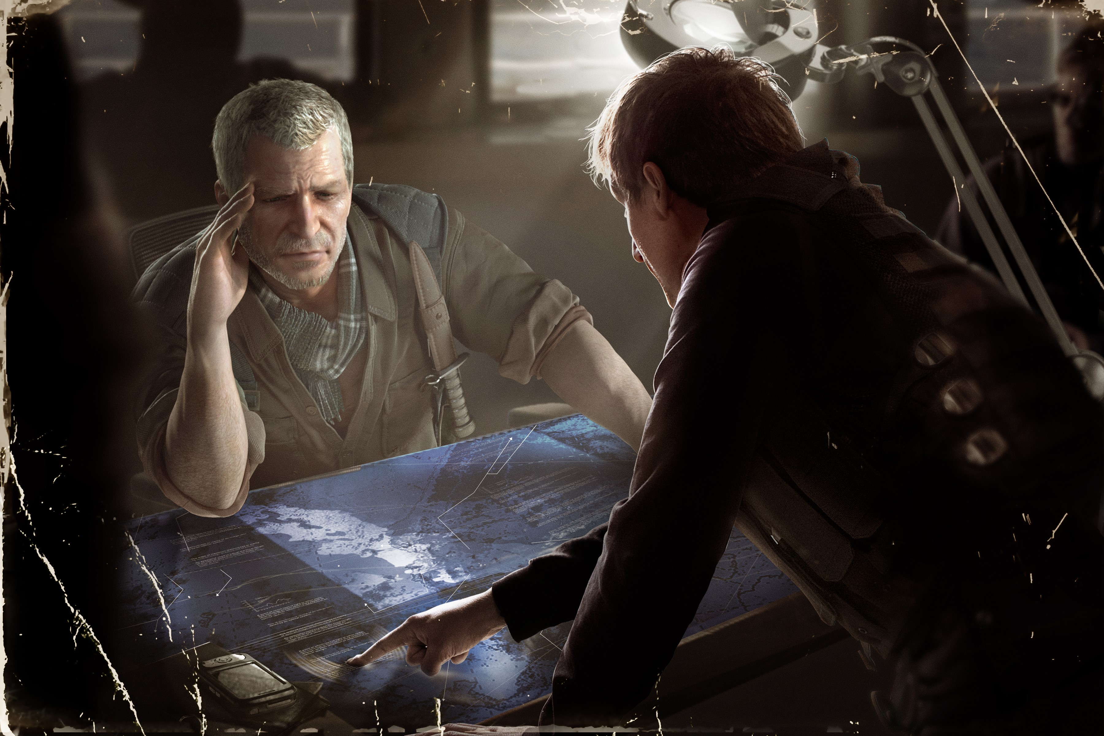 Two men looking at a map in Tomb Raider 2013 HD Wallpaper