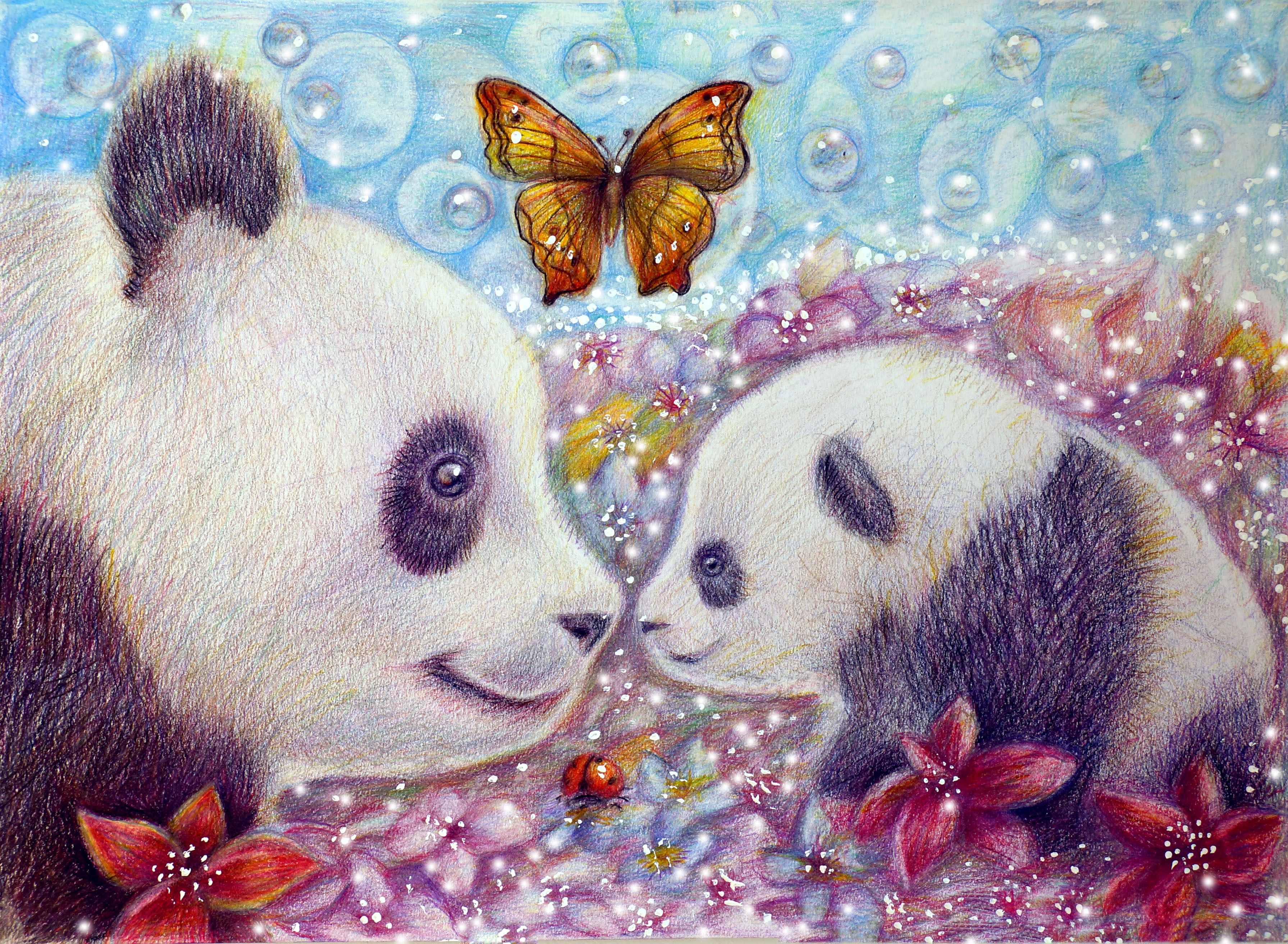 Two pandas and a butterfly in a floral setting HD Wallpaper