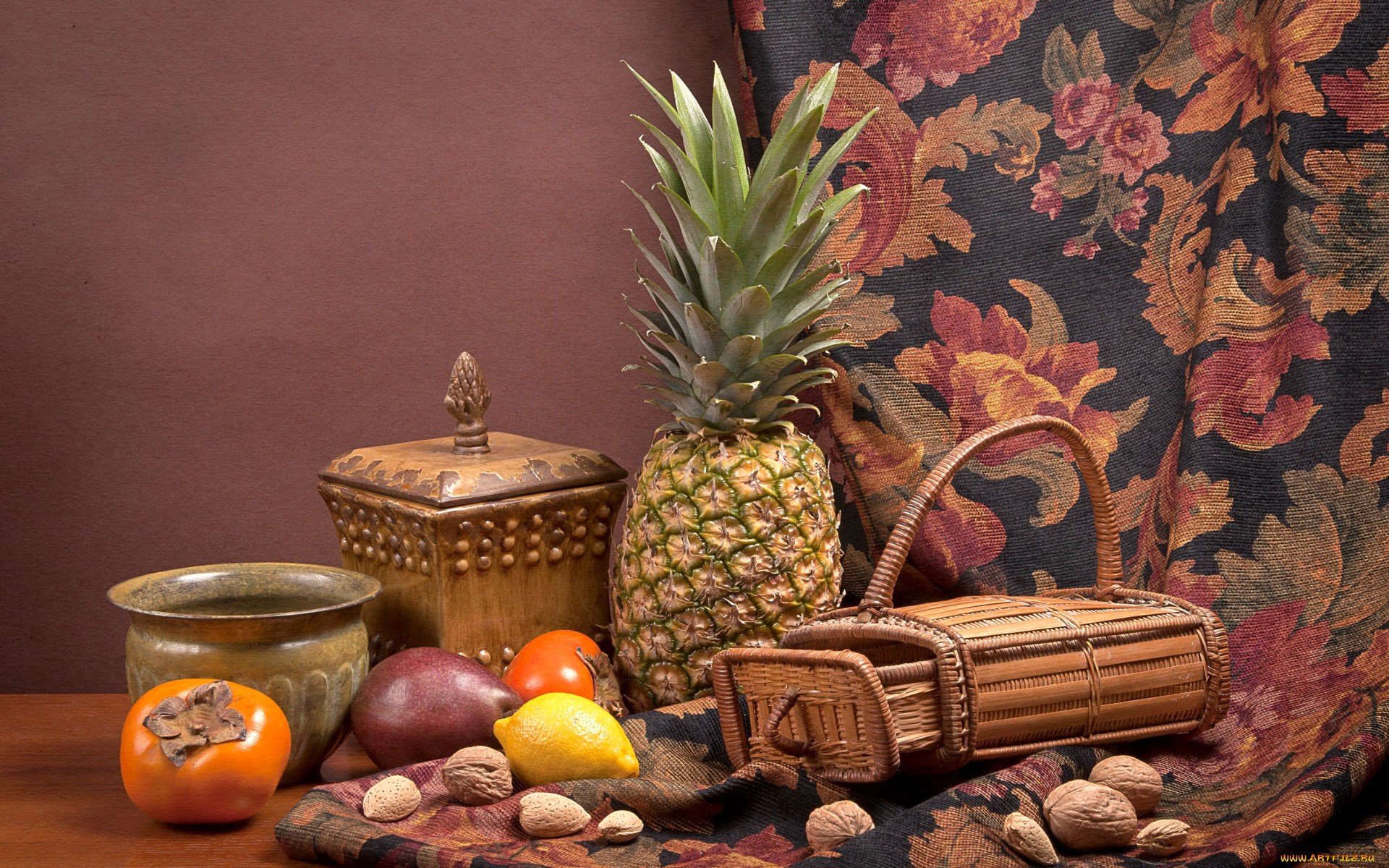 Still-life with fruits, nuts, and a basket HD Wallpaper