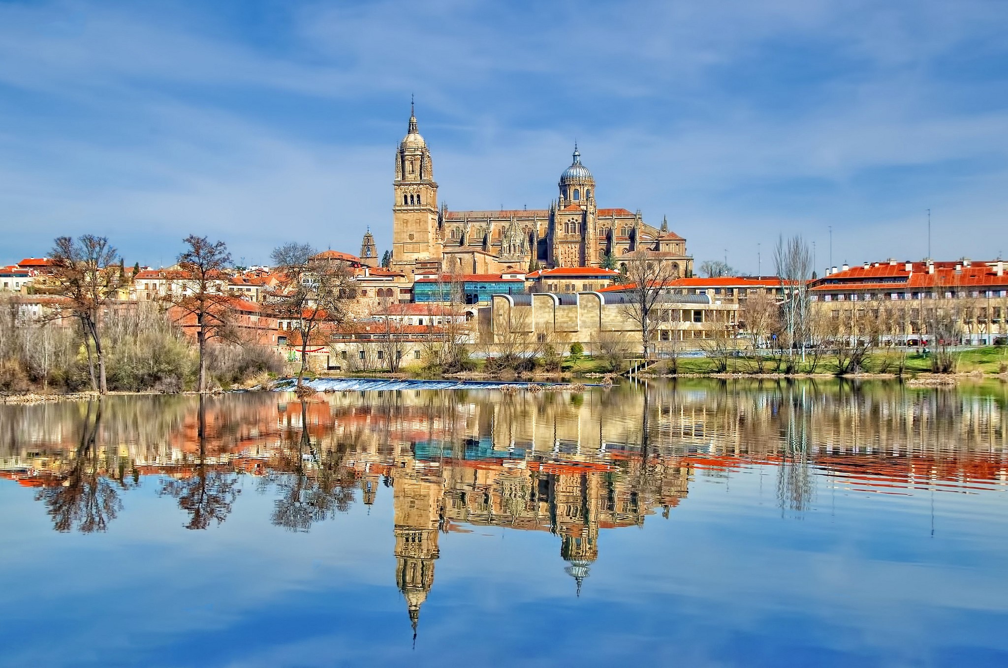 Salamanca Cathedral reflected in the Tormes River, Spain HD Wallpaper
