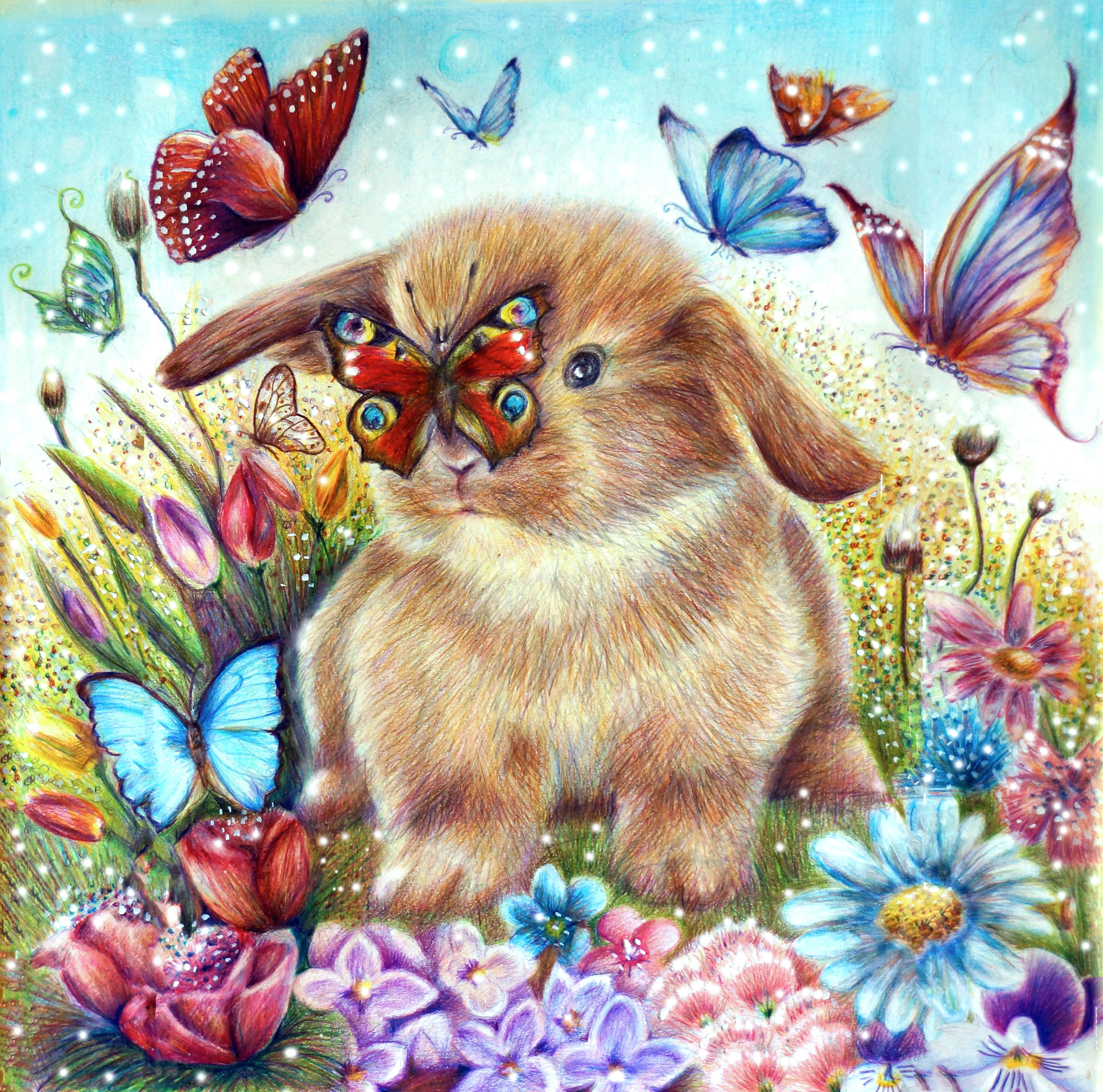 Bunny with Butterflies and Flowers Painting HD Wallpaper