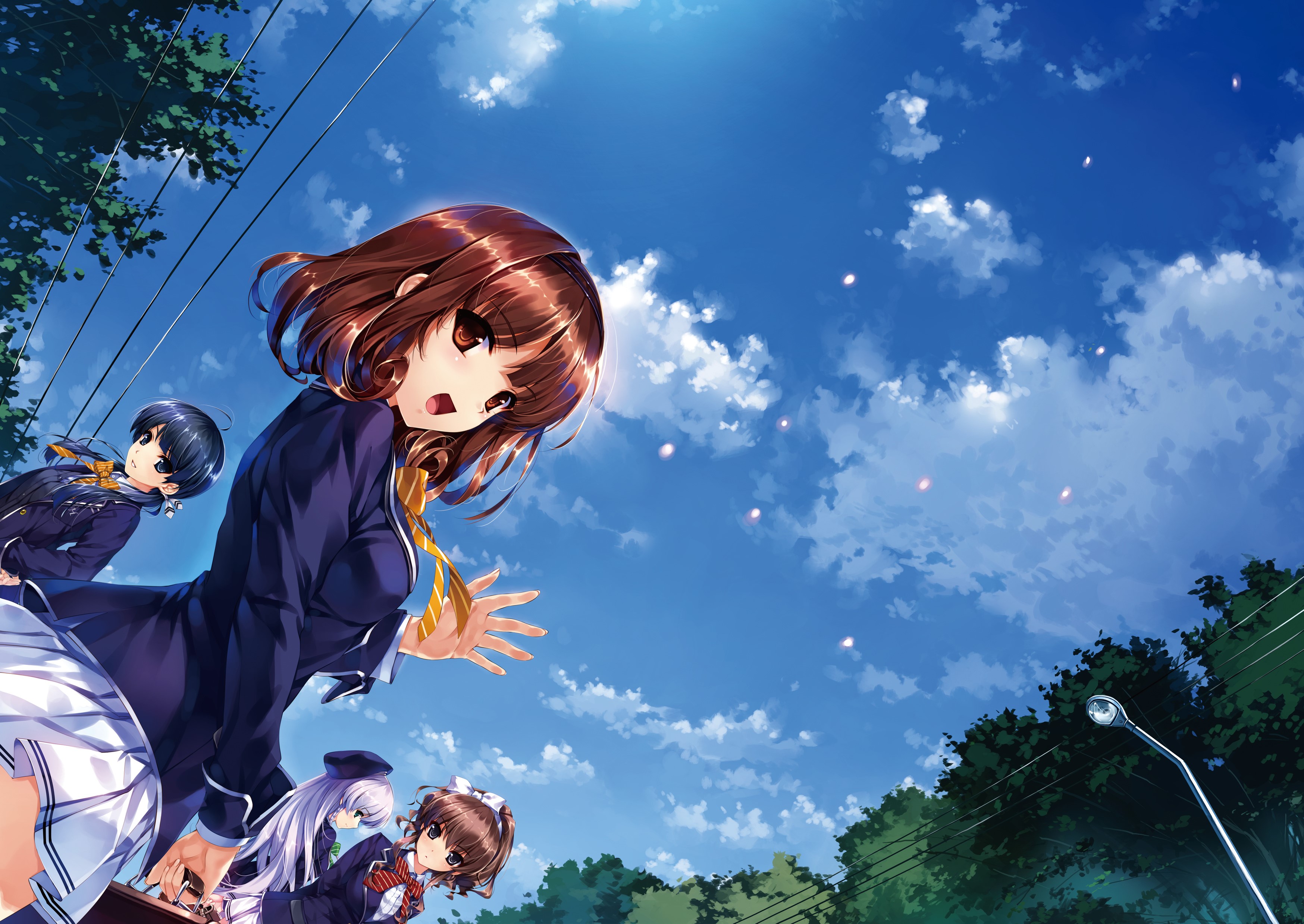 Schoolgirls under a blue sky with clouds HD Wallpaper