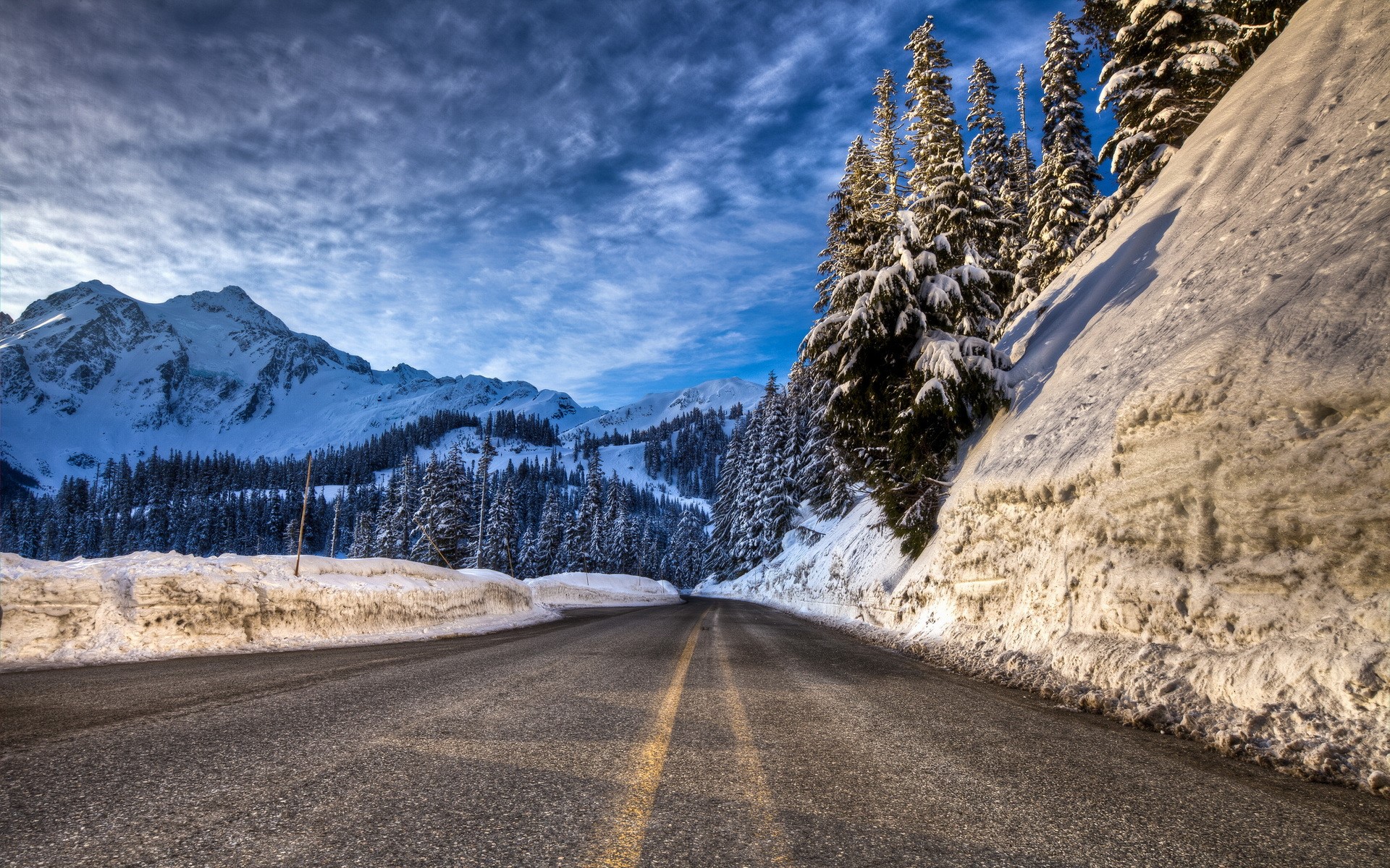 Winding Mountain Road in Winter Snow HD Wallpaper