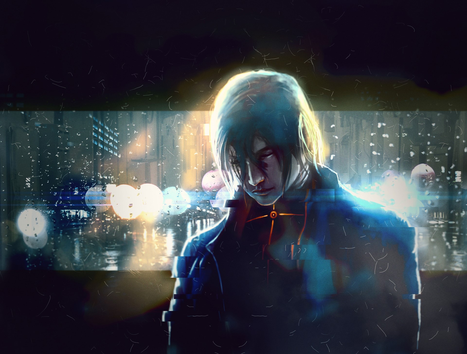 Man in a dark coat in the rain at night HD Wallpaper