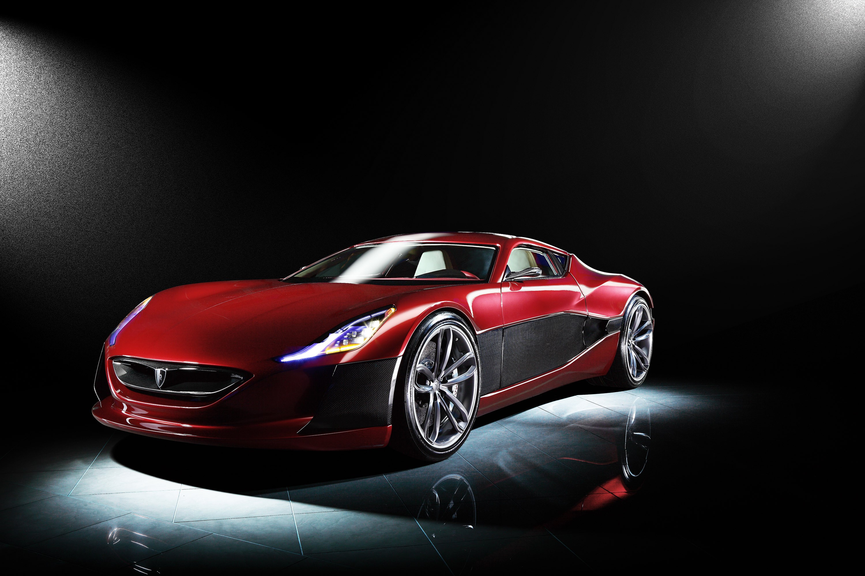 Red Rimac Concept car on a reflective surface HD Wallpaper