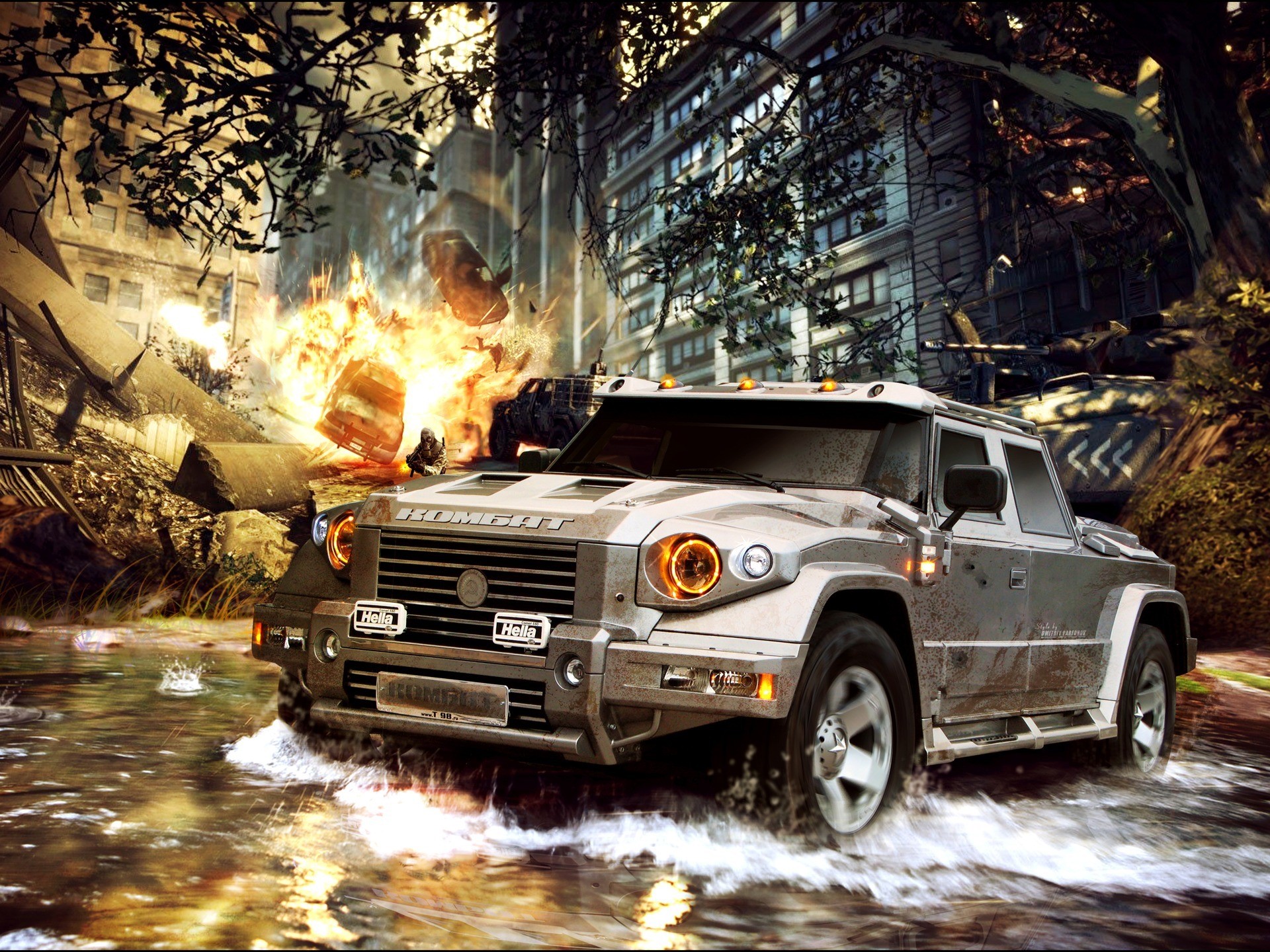 Combat T-98 driving through flooded city with explosions HD Wallpaper