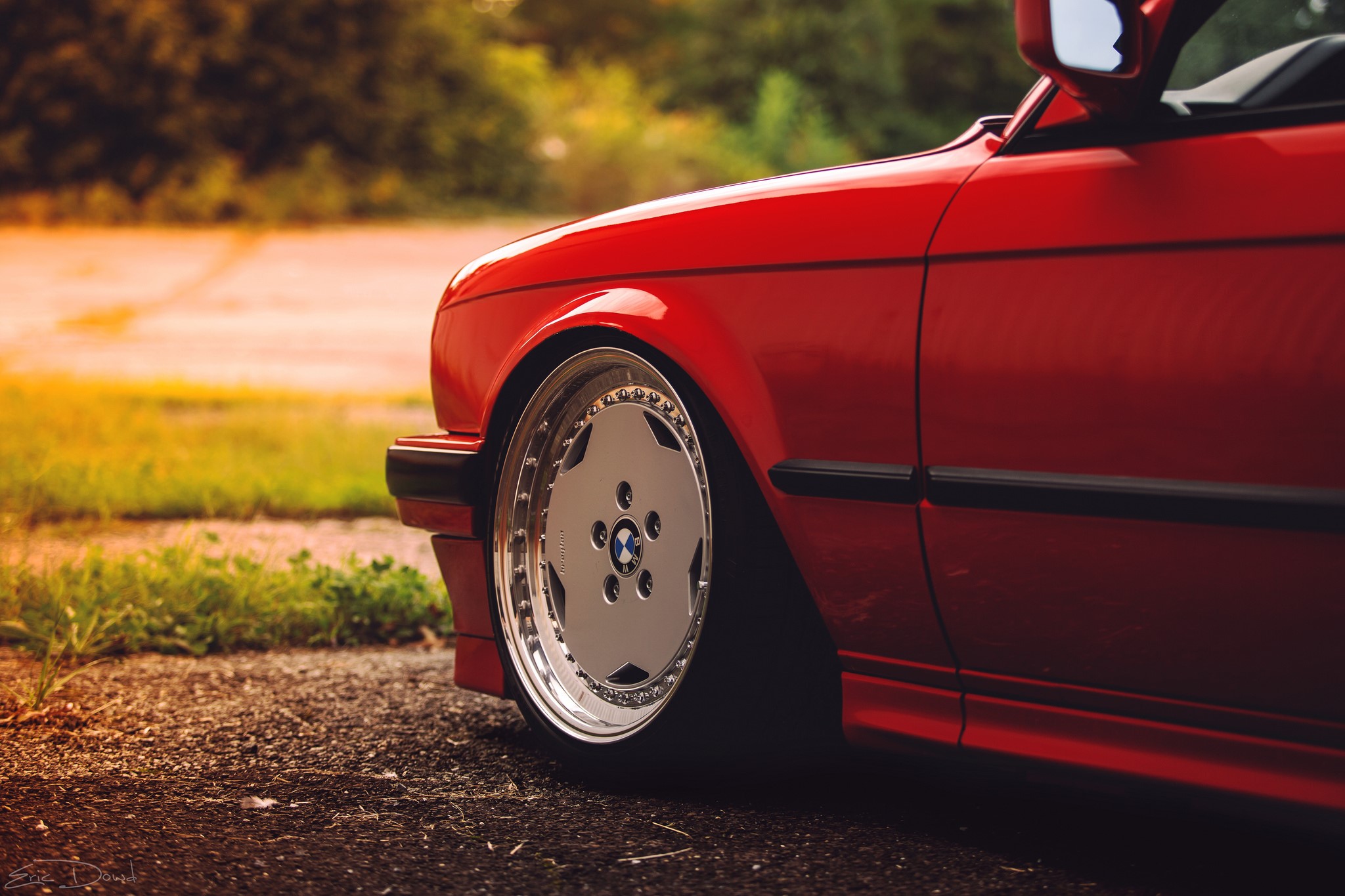 Red BMW E30 convertible with custom wheel HD Wallpaper