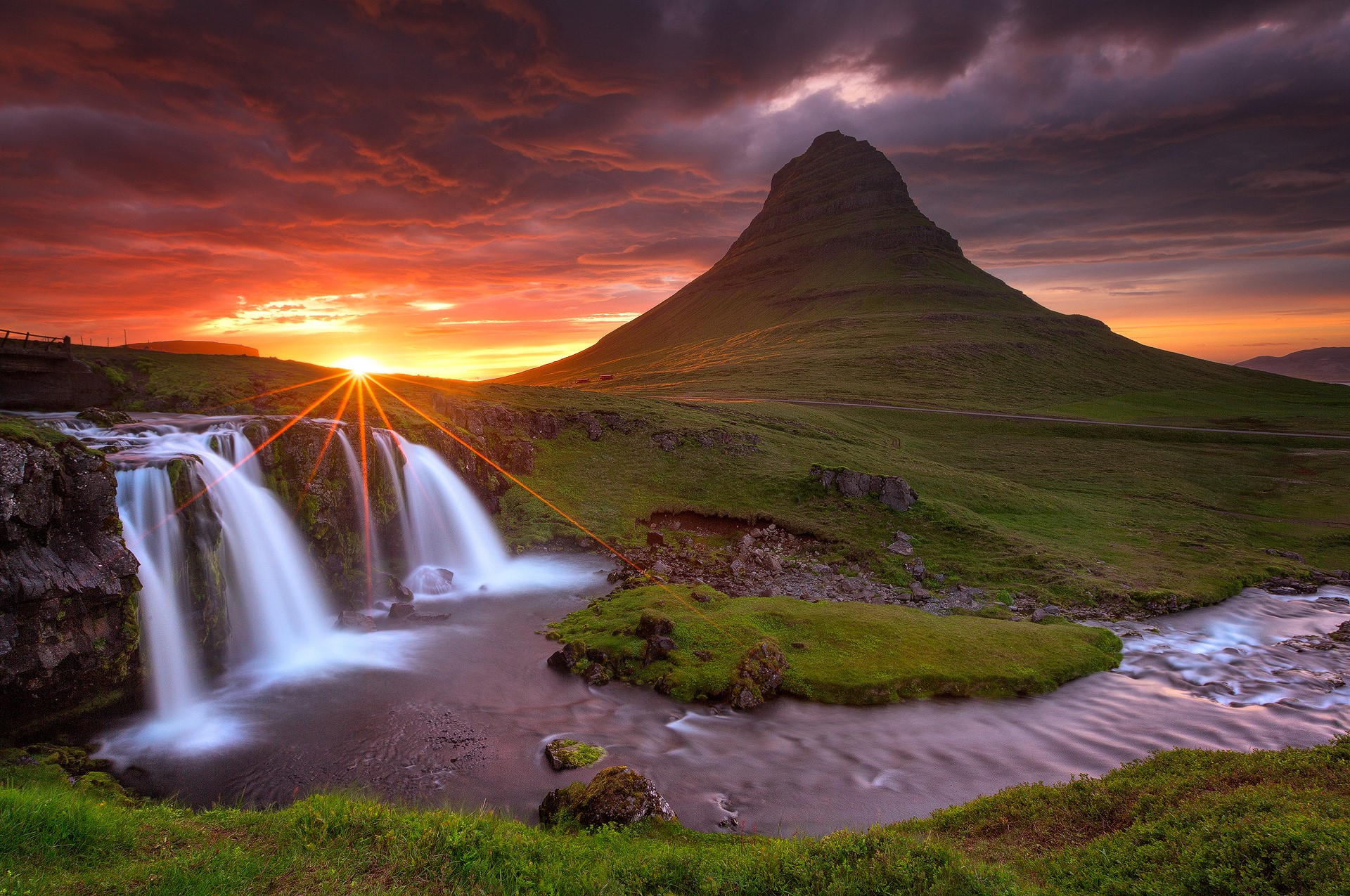 Kirkjufell mountain and waterfall at sunset, Iceland HD Wallpaper