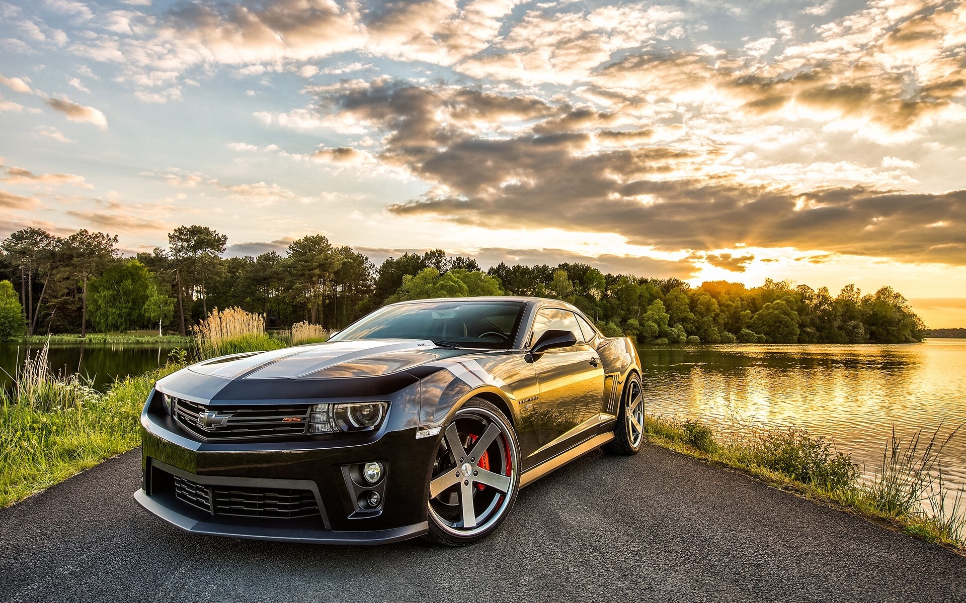 Black Chevrolet Camaro SS by the Lake at Sunset HD Wallpaper