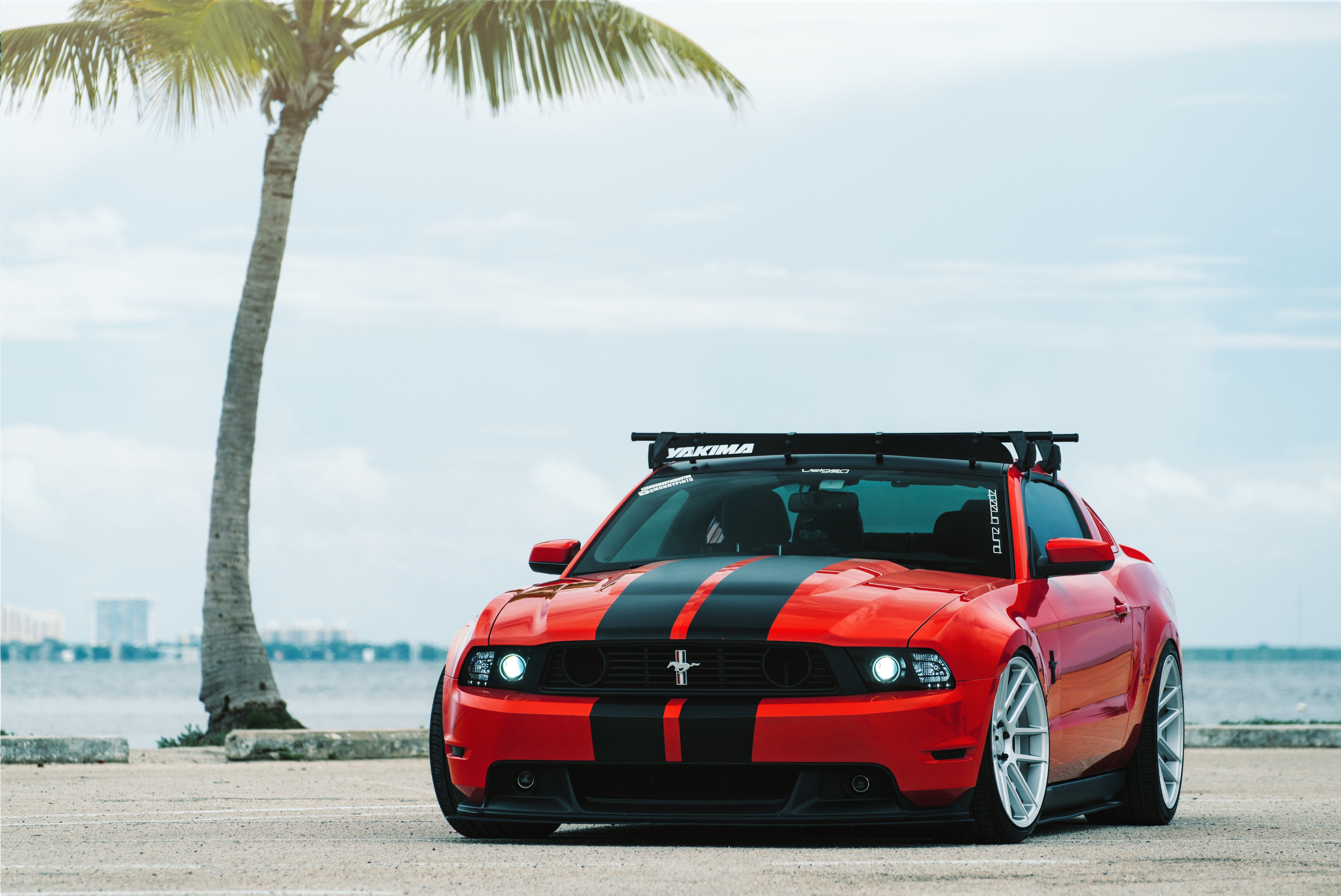 Red Ford Mustang with Black Stripes and Roof Rack HD Wallpaper