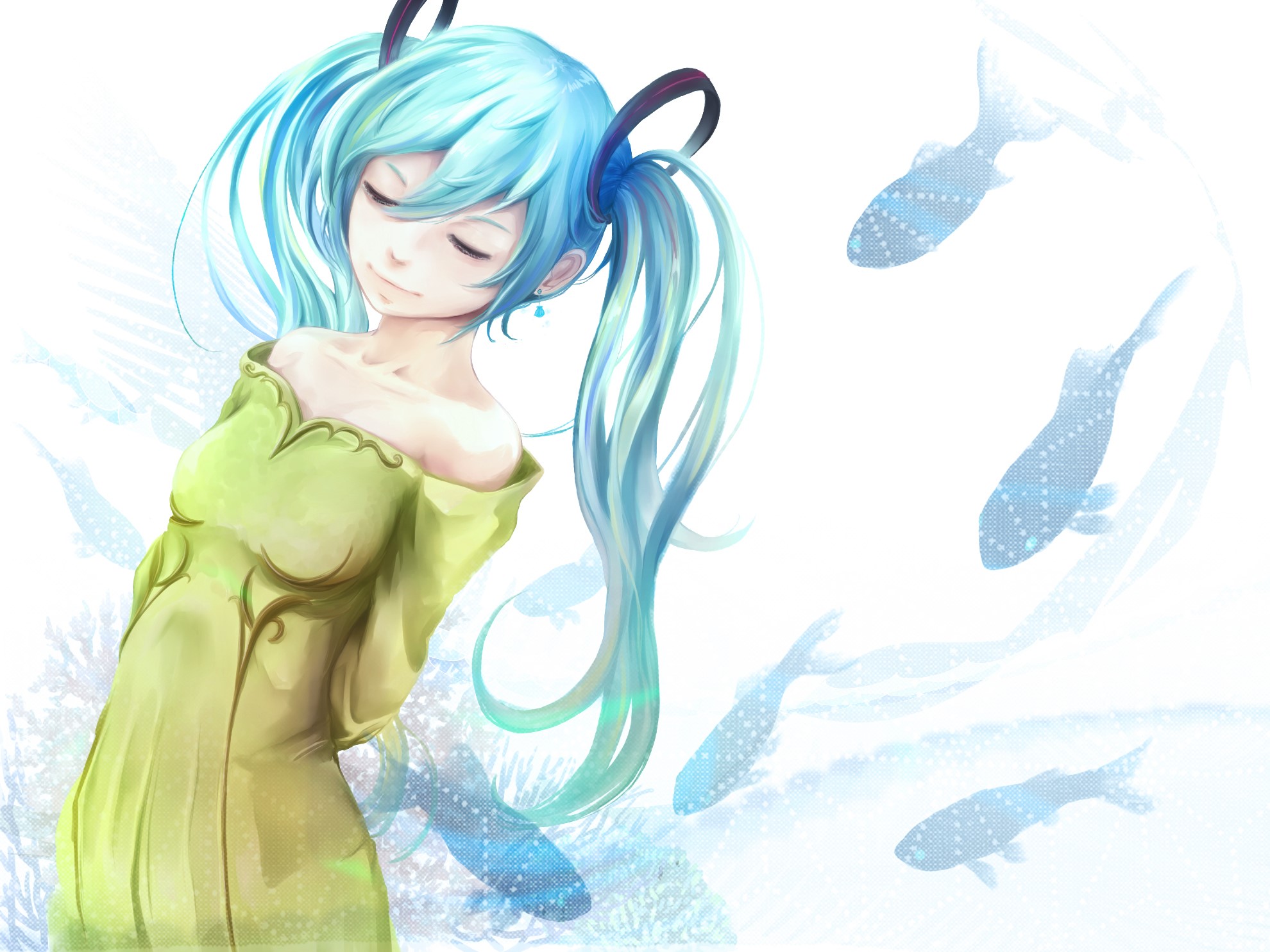 Hatsune Miku from Vocaloid with fish HD Wallpaper