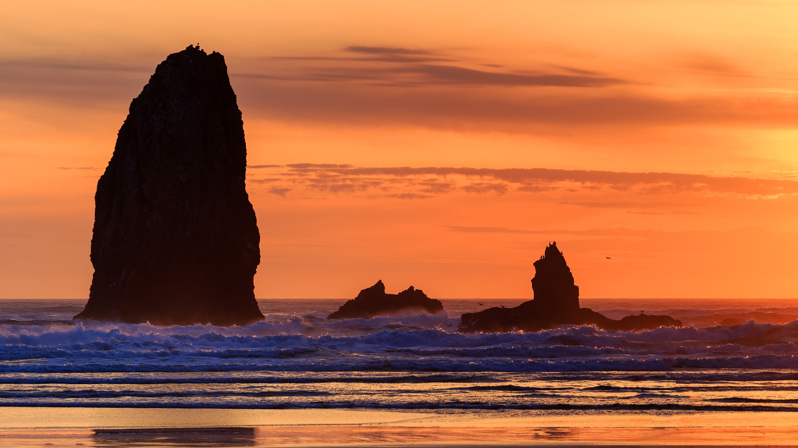 Sea stacks at sunset with waves crashing HD Wallpaper