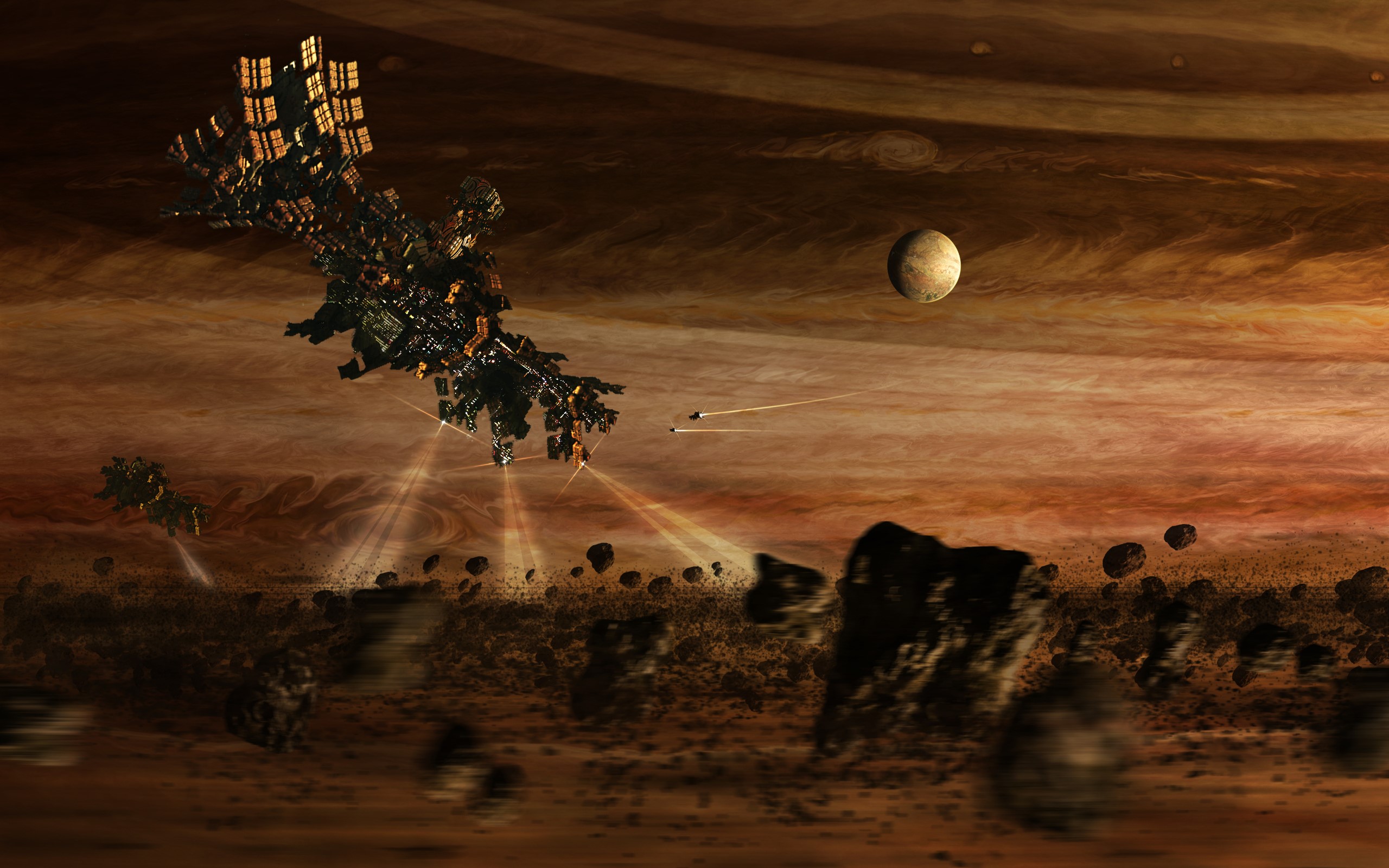 Spaceship fleet in an asteroid field near Jupiter HD Wallpaper