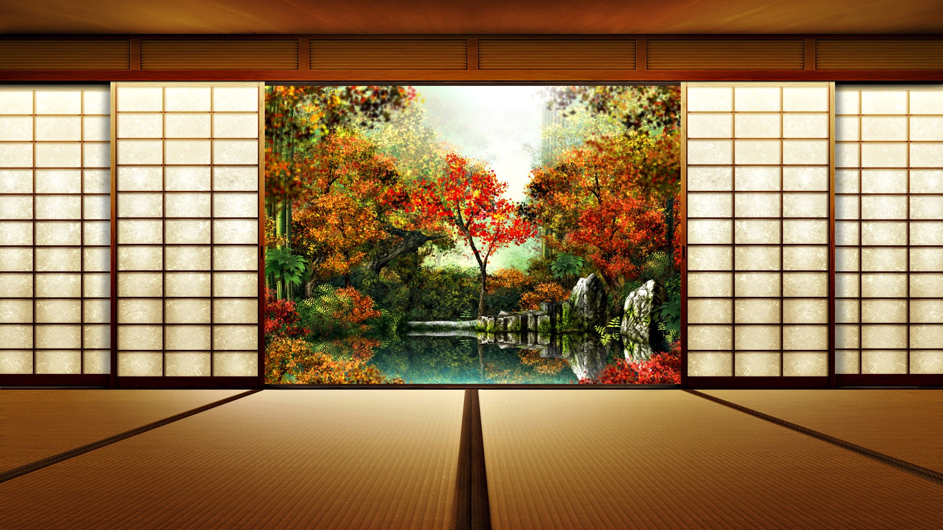 Japanese room with a view of an autumn garden HD Wallpaper