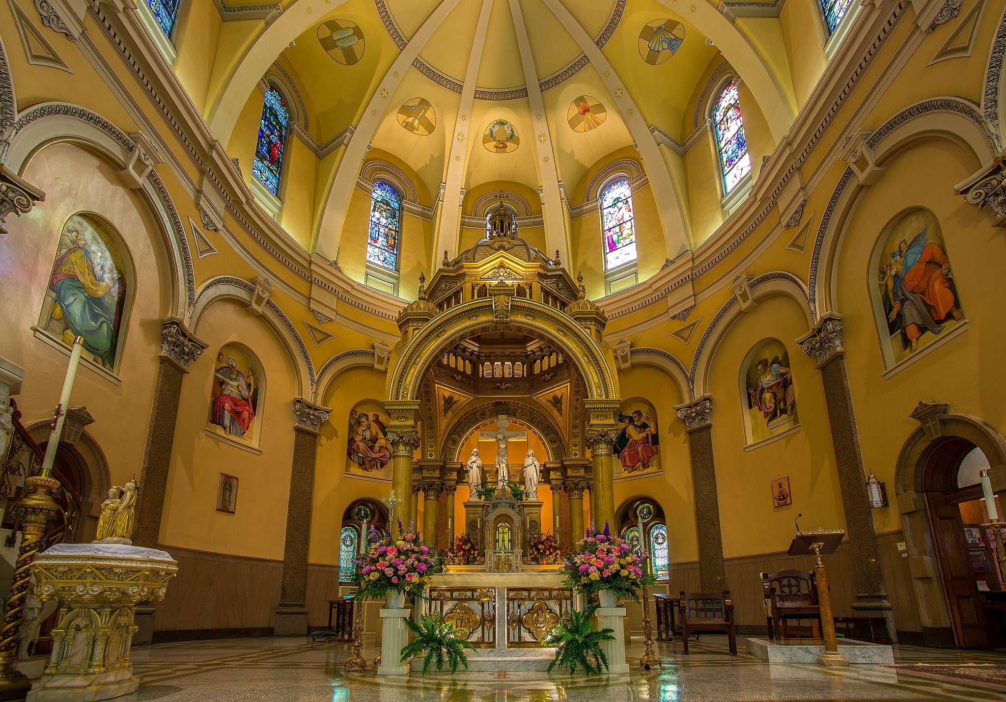 Interior of a church with altar and stained glass windows HD Wallpaper