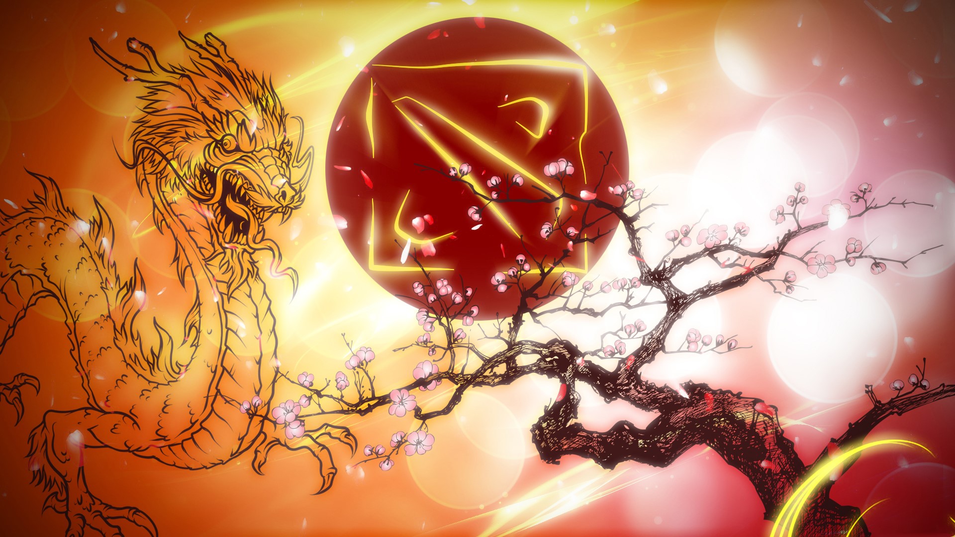 Dota 2 Dragon Logo Emblem with Cherry Blossoms HD Wallpaper