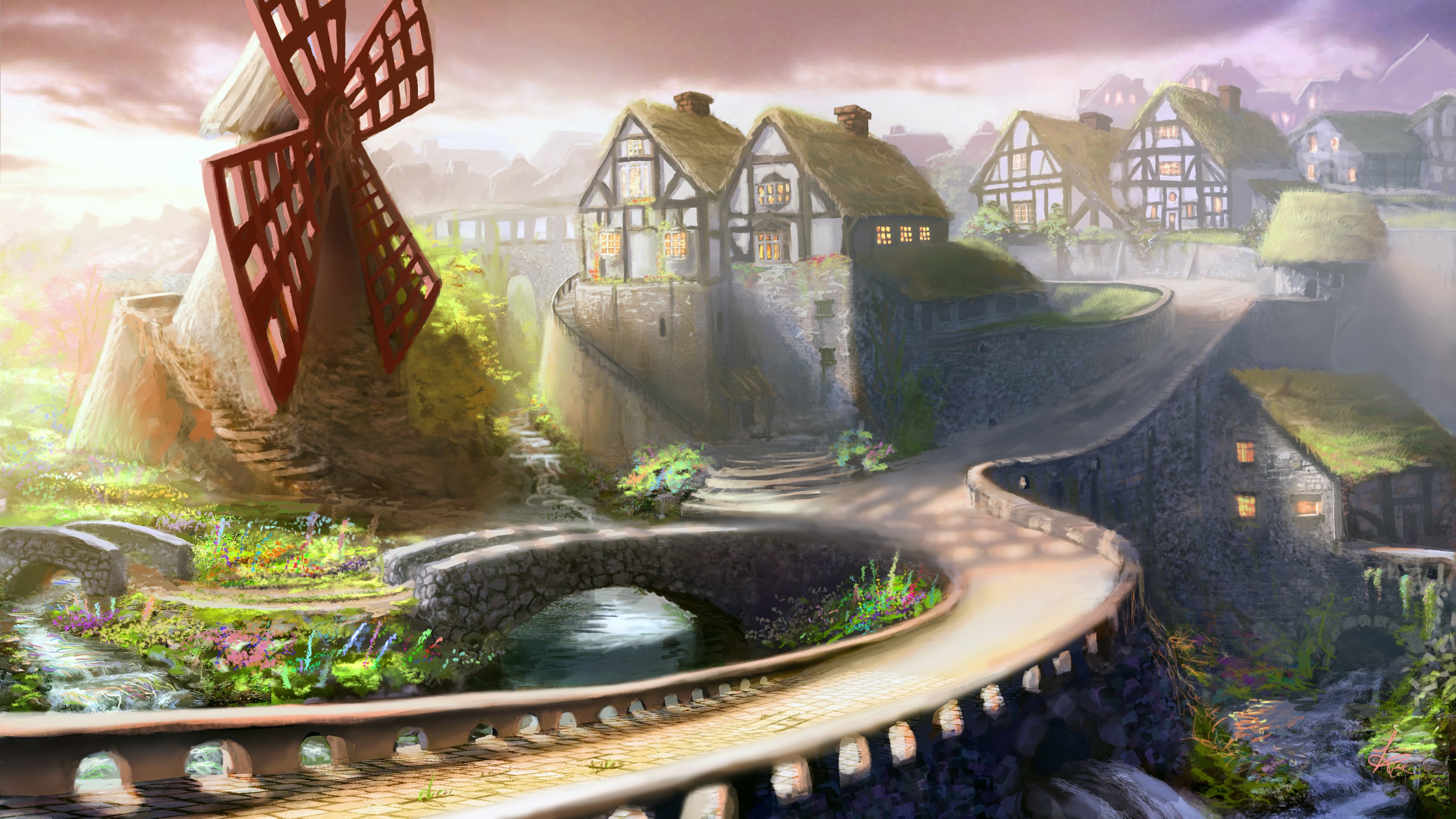 Village with windmill, bridges, and houses HD Wallpaper