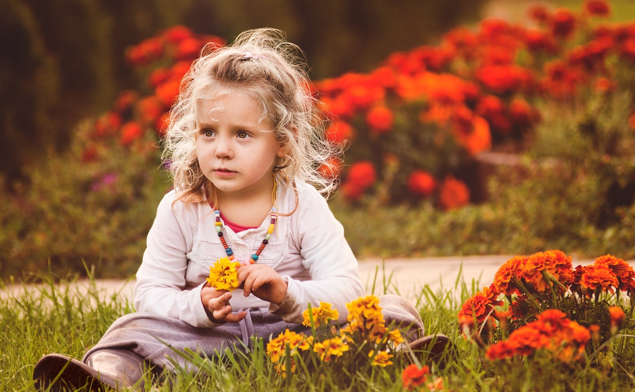 Young girl sitting in grass with flowers HD Wallpaper