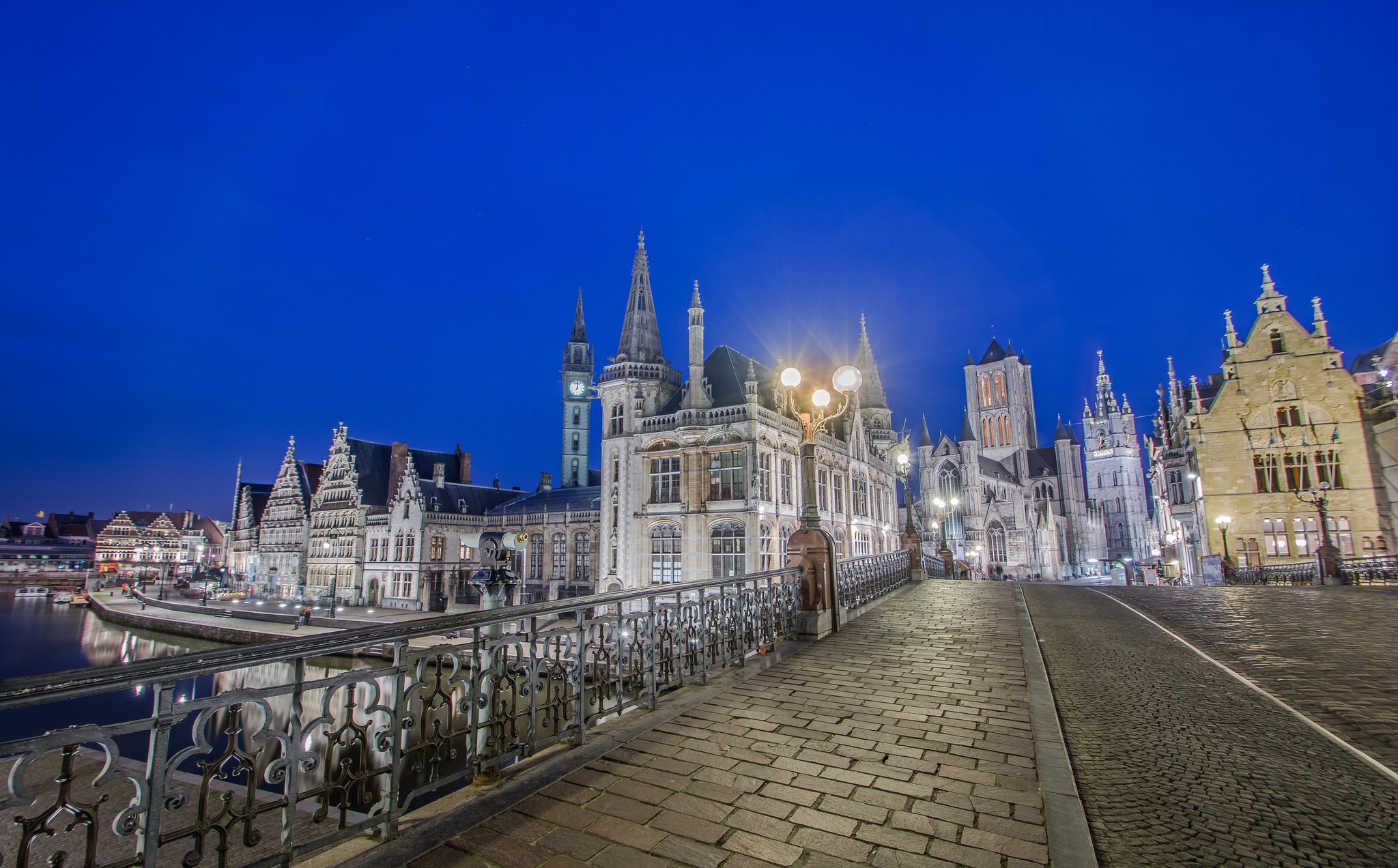 Ghent Belgium at Night with River and Bridges HD Wallpaper