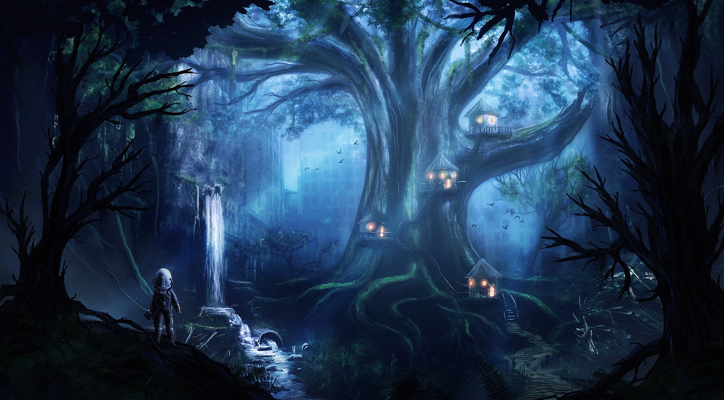 Astronaut in a magical forest with treehouses HD Wallpaper