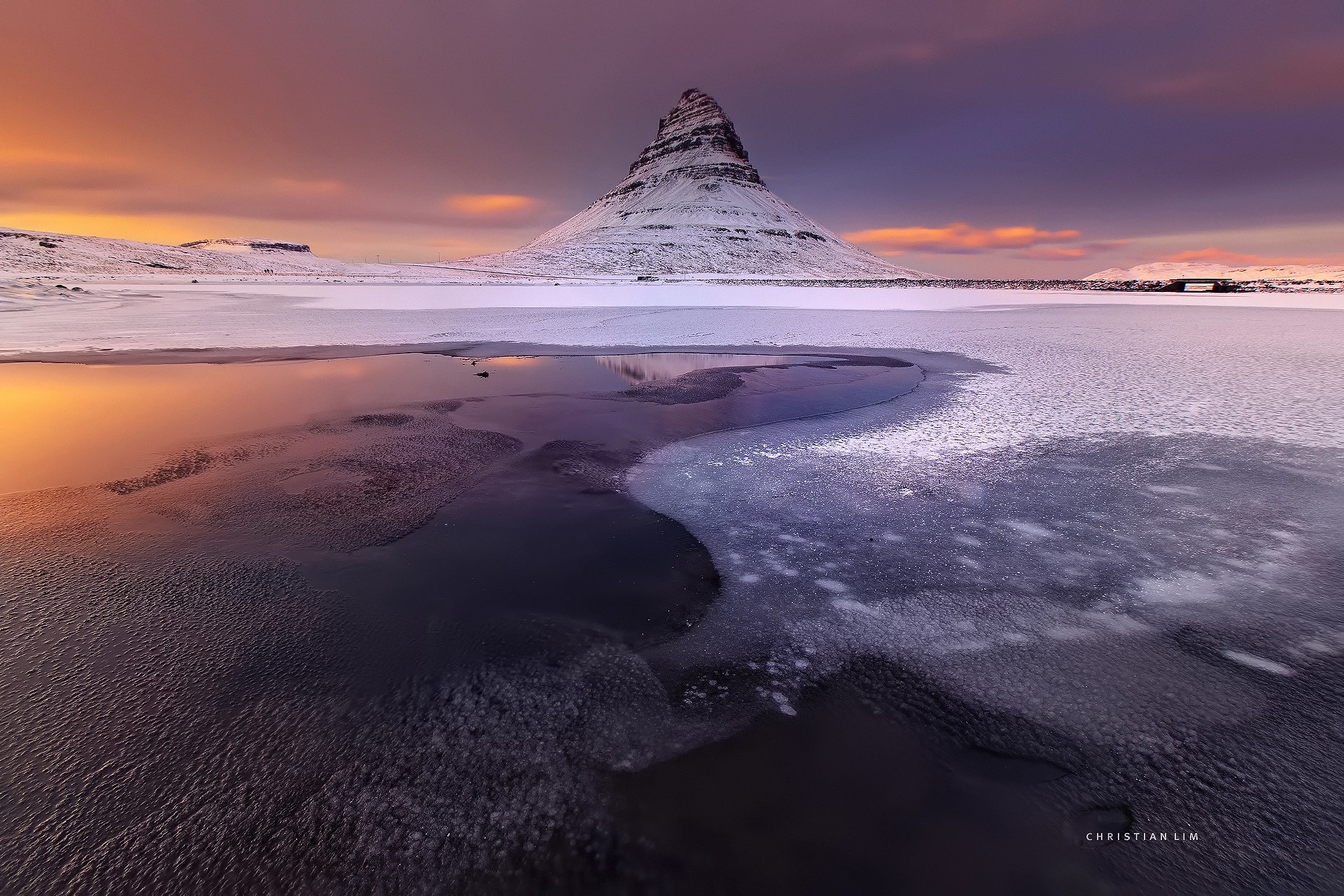 Kirkjufell mountain in Iceland during winter sunset HD Wallpaper