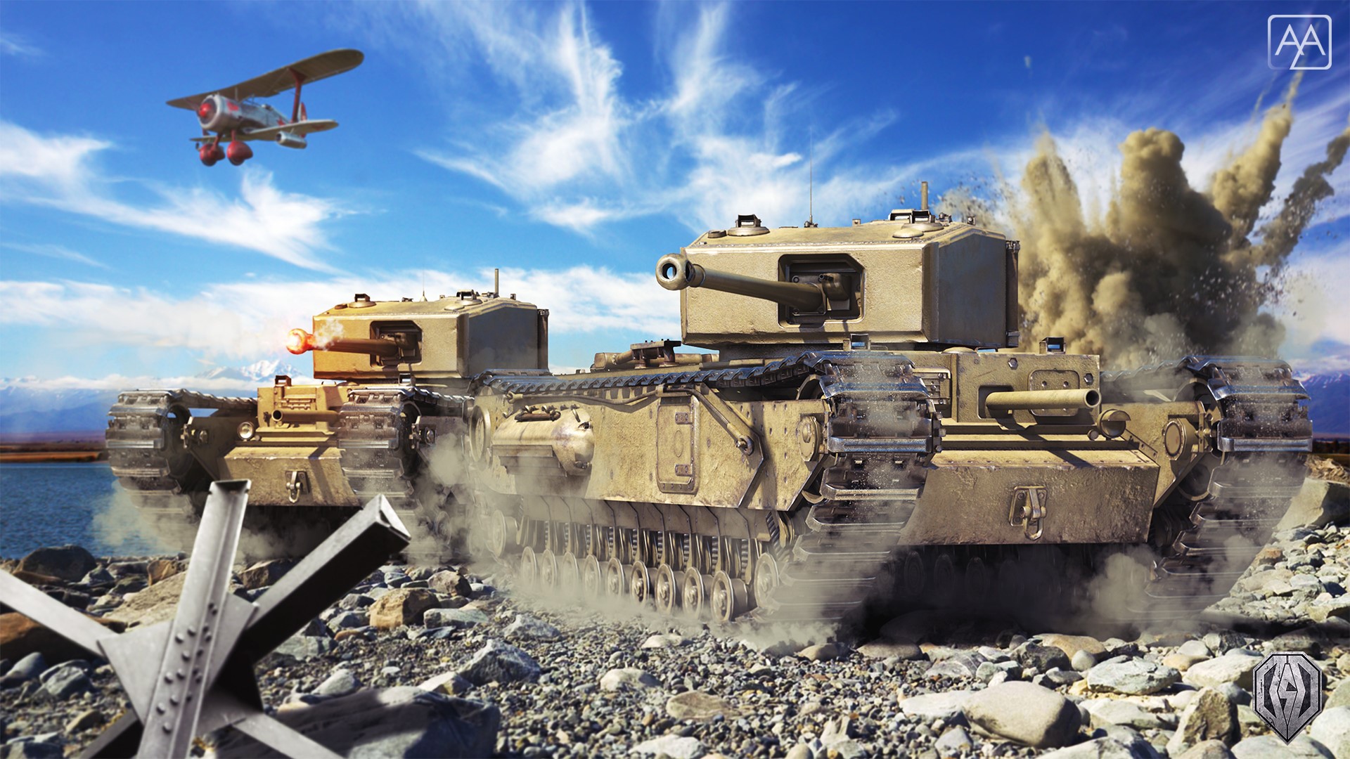 World of Tanks: Churchill tanks and biplane in battle HD Wallpaper