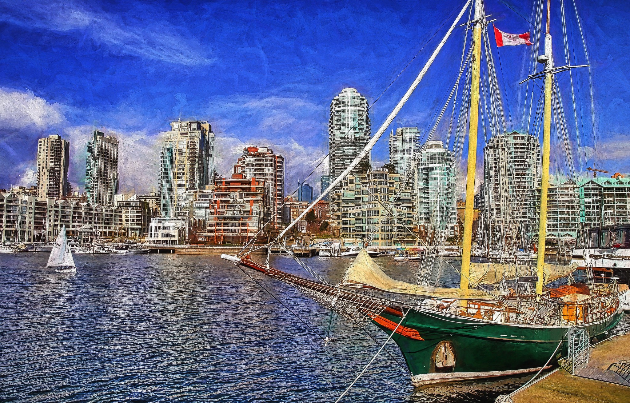 Sailing Ship in Vancouver Harbor with City Skyline HD Wallpaper