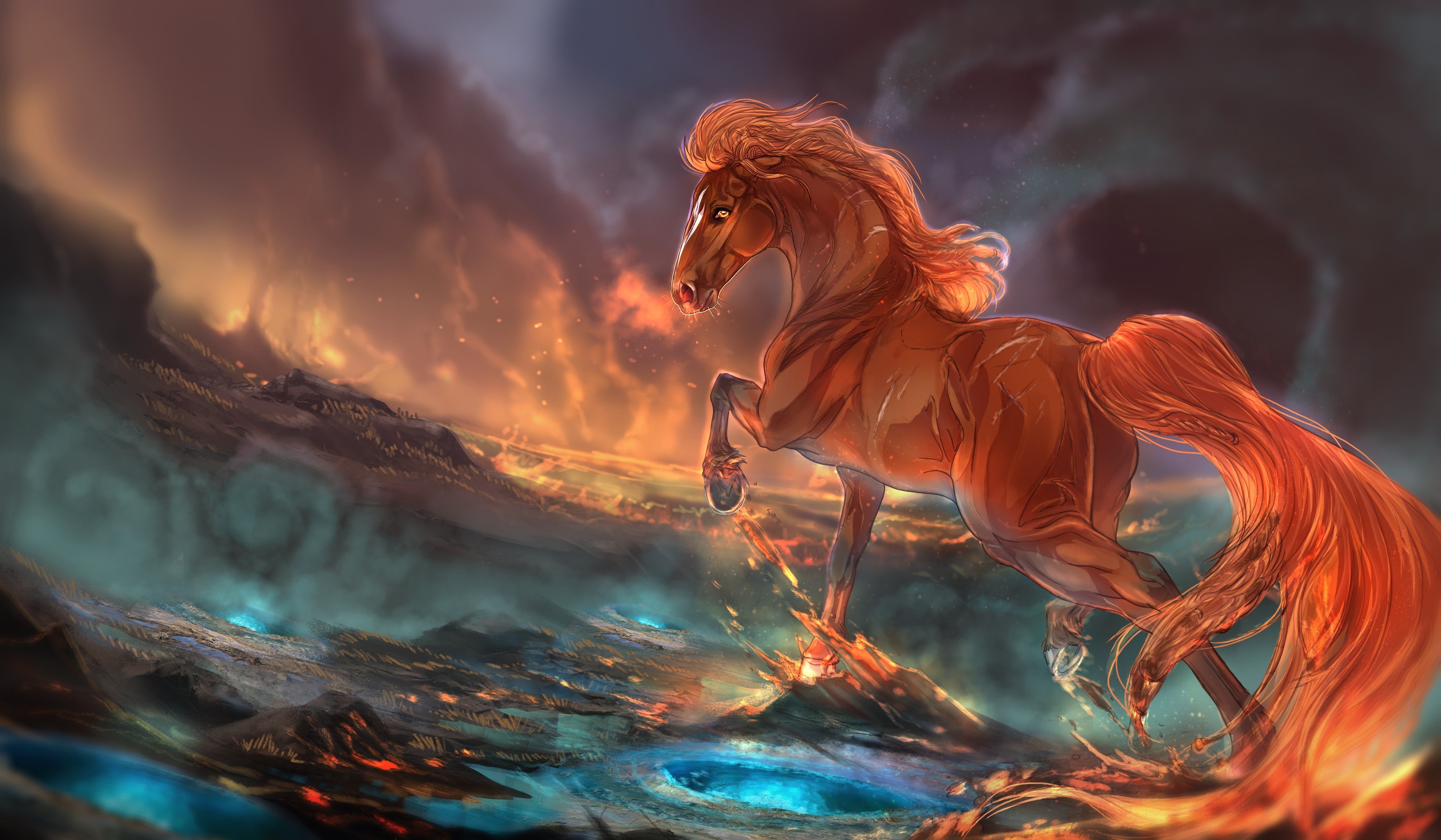 Fiery Horse Galloping Through a Volcanic Landscape HD Wallpaper