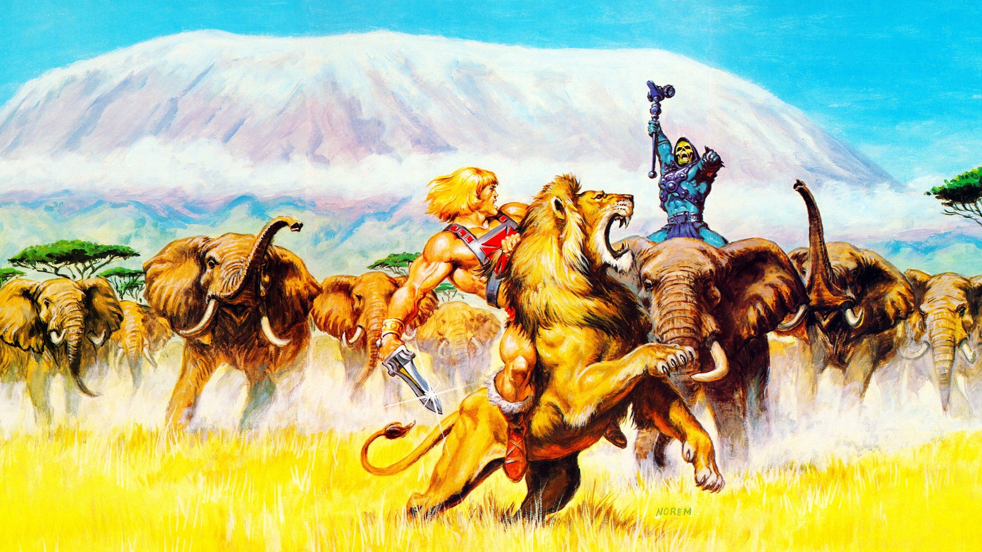 He-Man and Skeletor on a safari with elephants and a lion HD Wallpaper