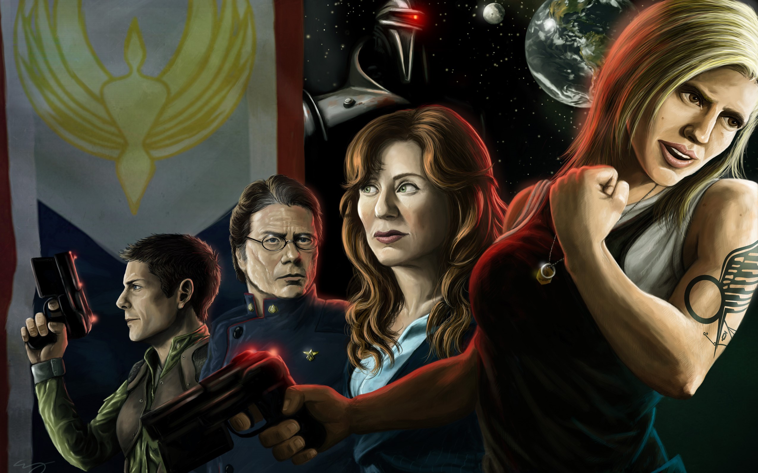 Battlestar Galactica characters with flag and Cylon HD Wallpaper