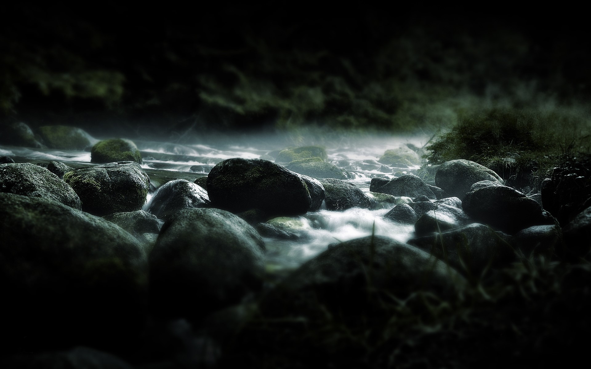 River flowing over stones in dark forest HD Wallpaper