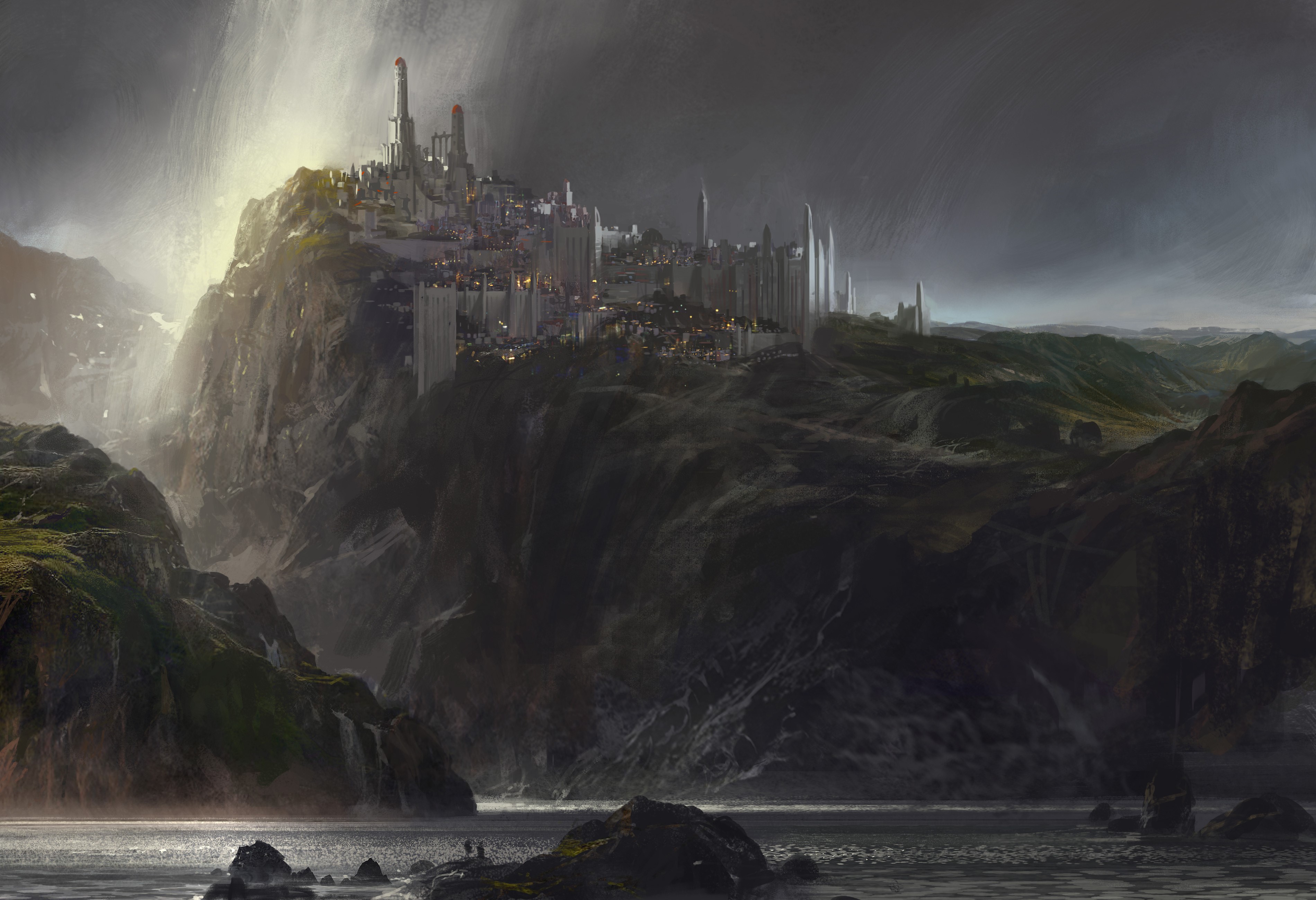 A castle city on a rocky crag under a stormy sky HD Wallpaper