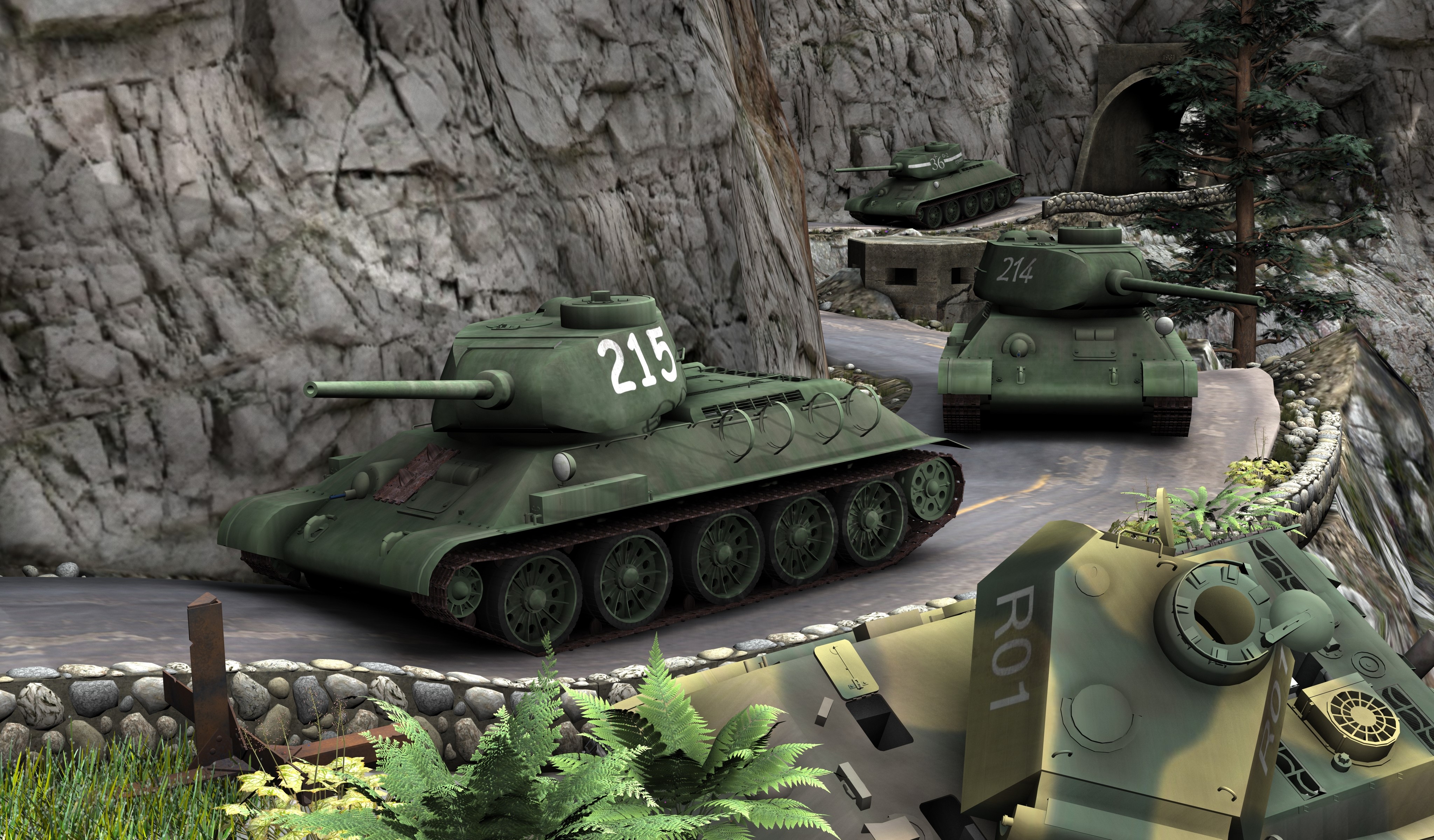 T-34 Tanks on a Mountain Road HD Wallpaper
