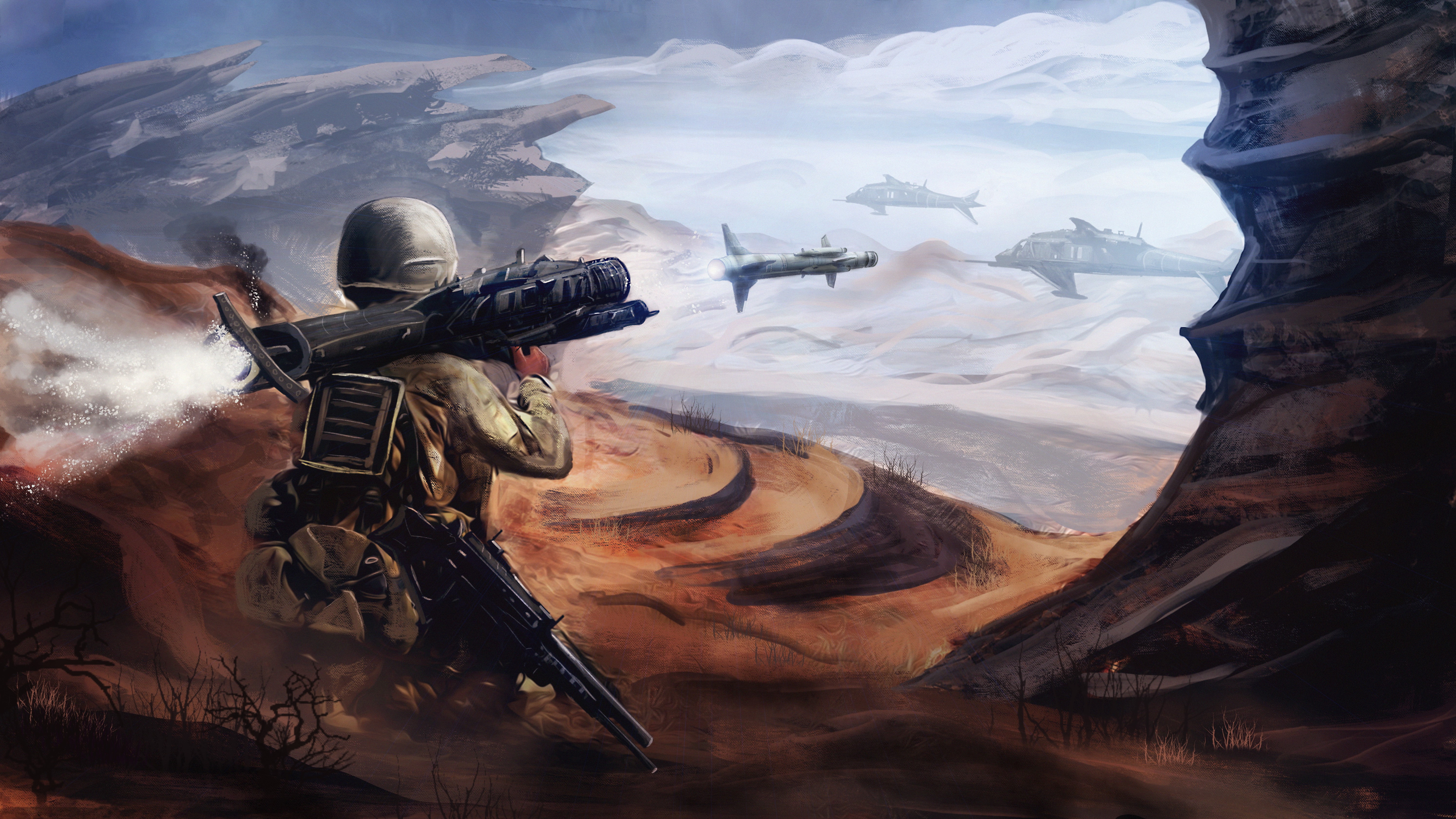 Soldier firing a rocket launcher at aircraft HD Wallpaper