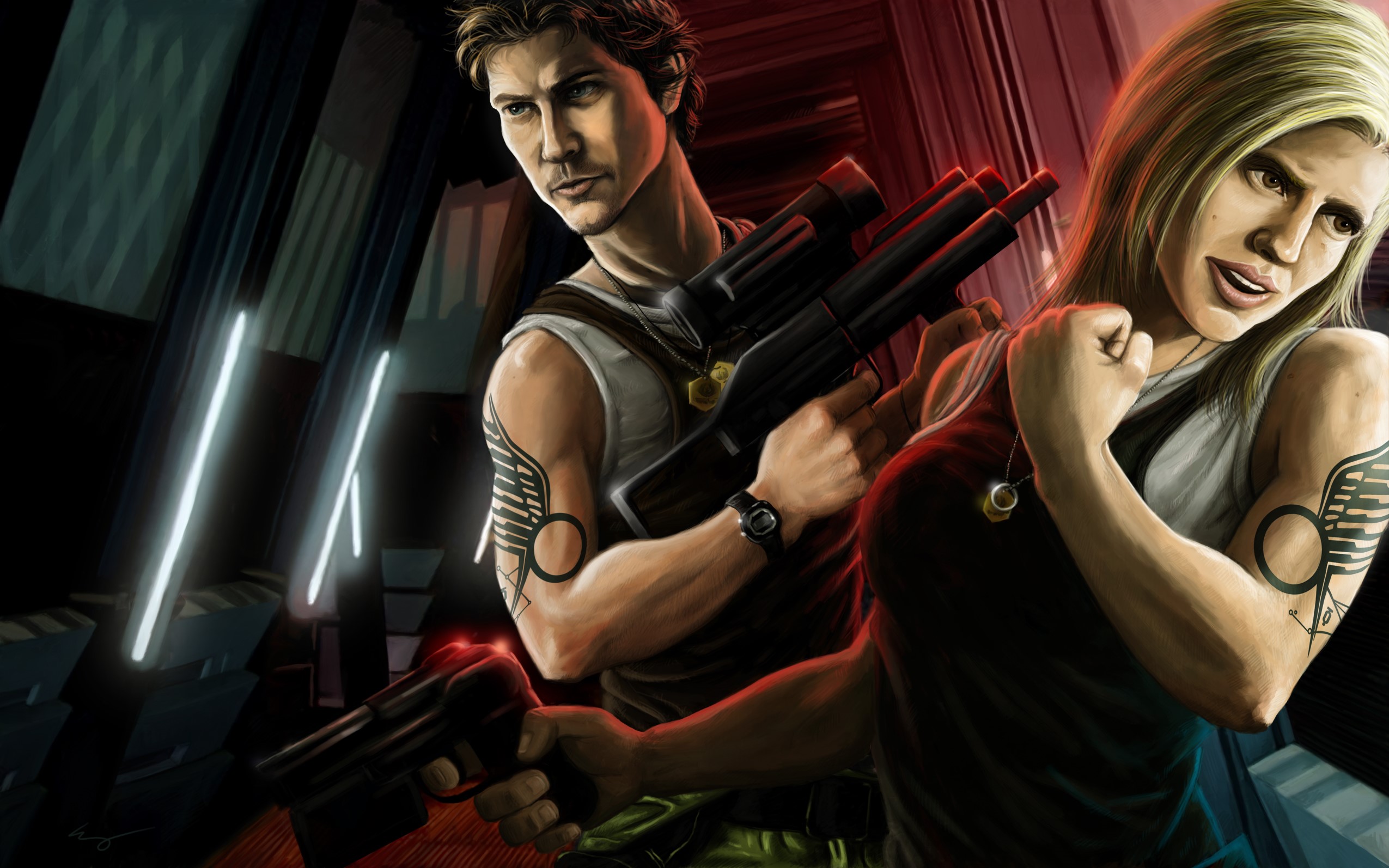 Man and woman with futuristic weapons HD Wallpaper