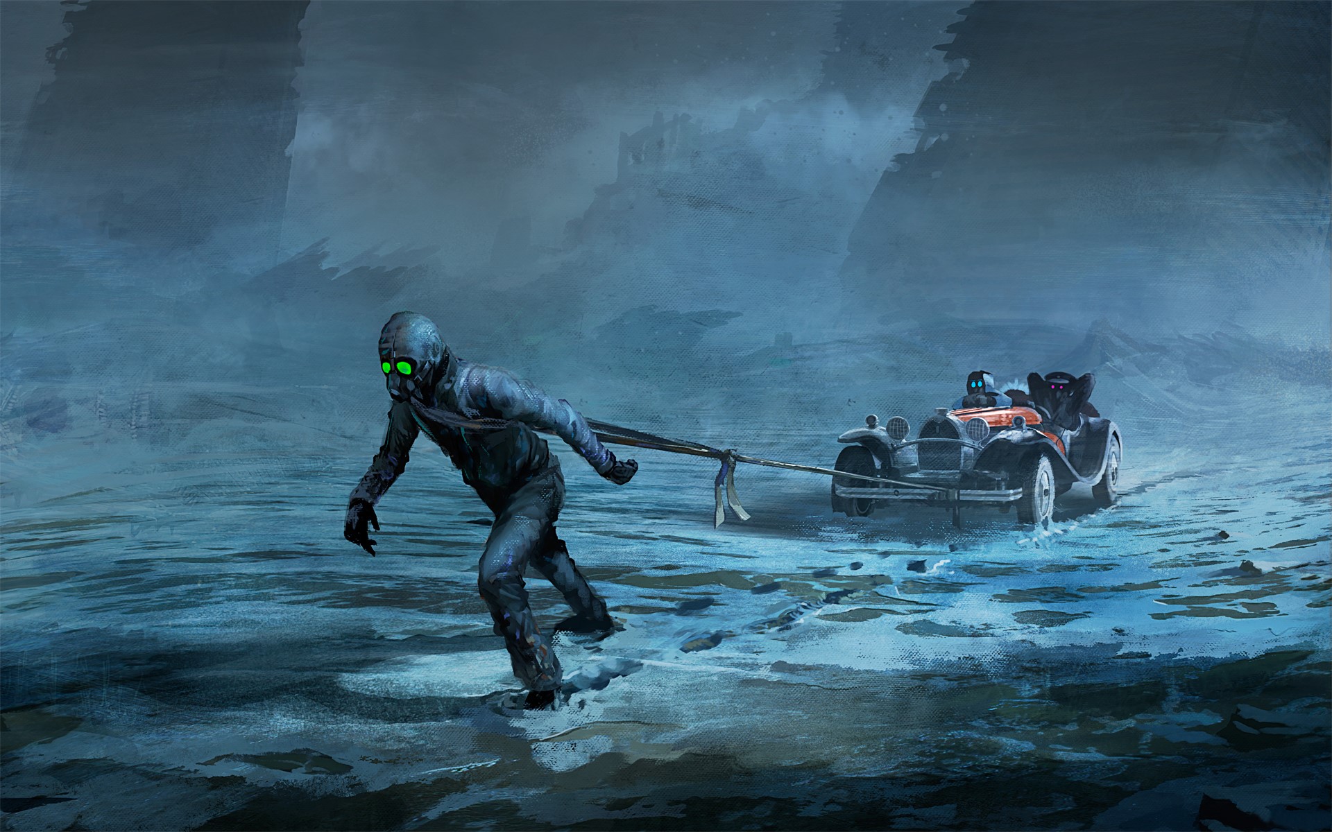 Alexiuss from Romantically Apocalyptic pulling a car HD Wallpaper