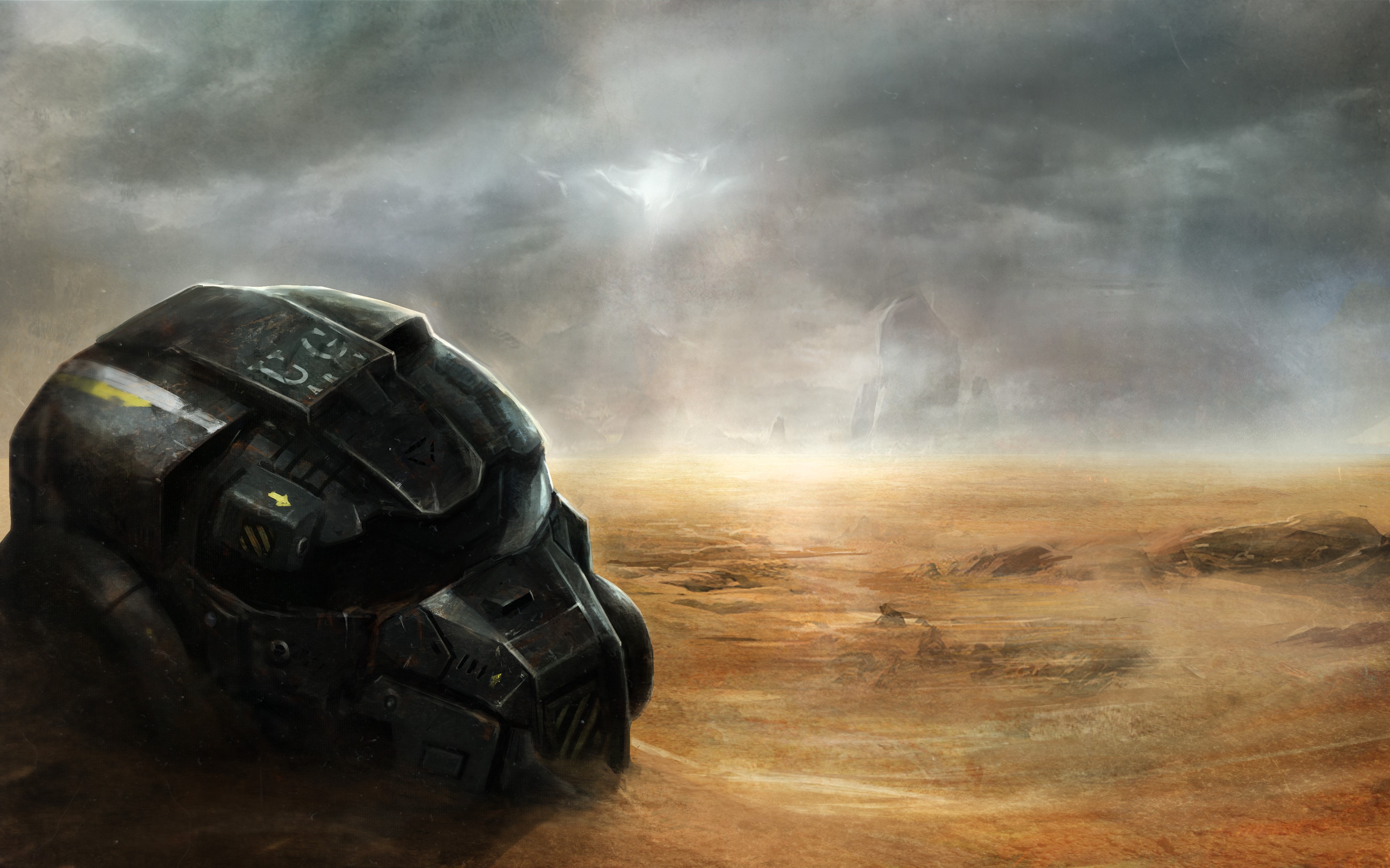 Helmet in a desolate landscape HD Wallpaper